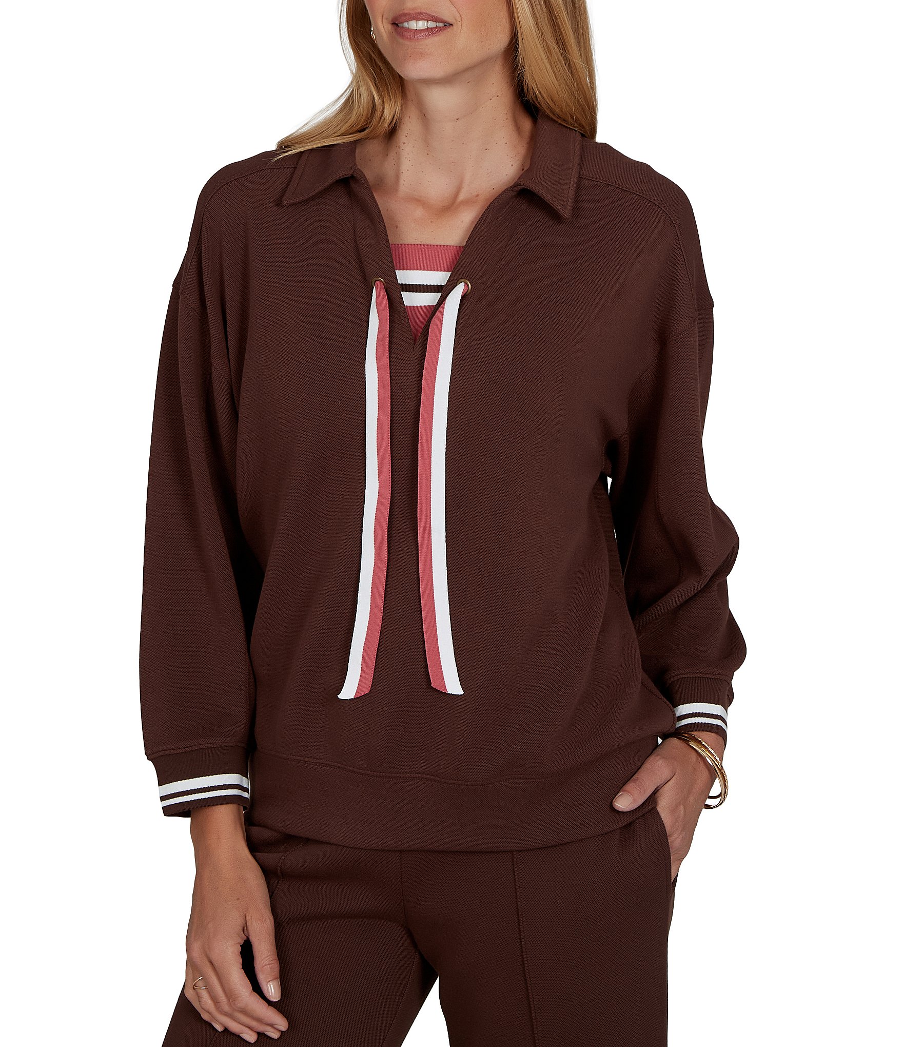 Ruby Rd. Petite Size Stripe Trim Johnny Collar Long Sleeve Pullover Top