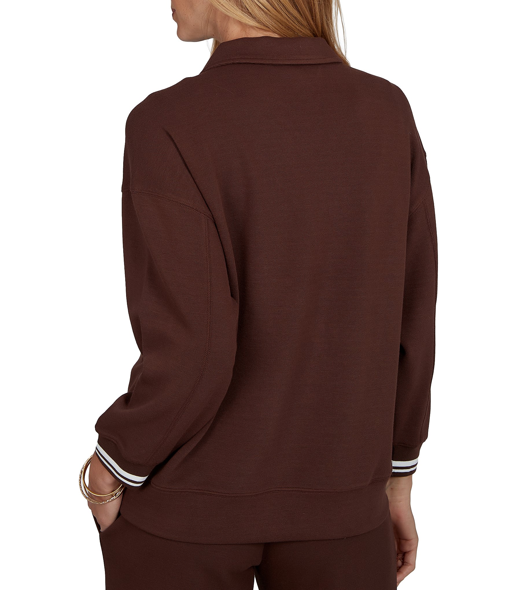 Ruby Rd. Petite Size Stripe Trim Johnny Collar Long Sleeve Pullover Top