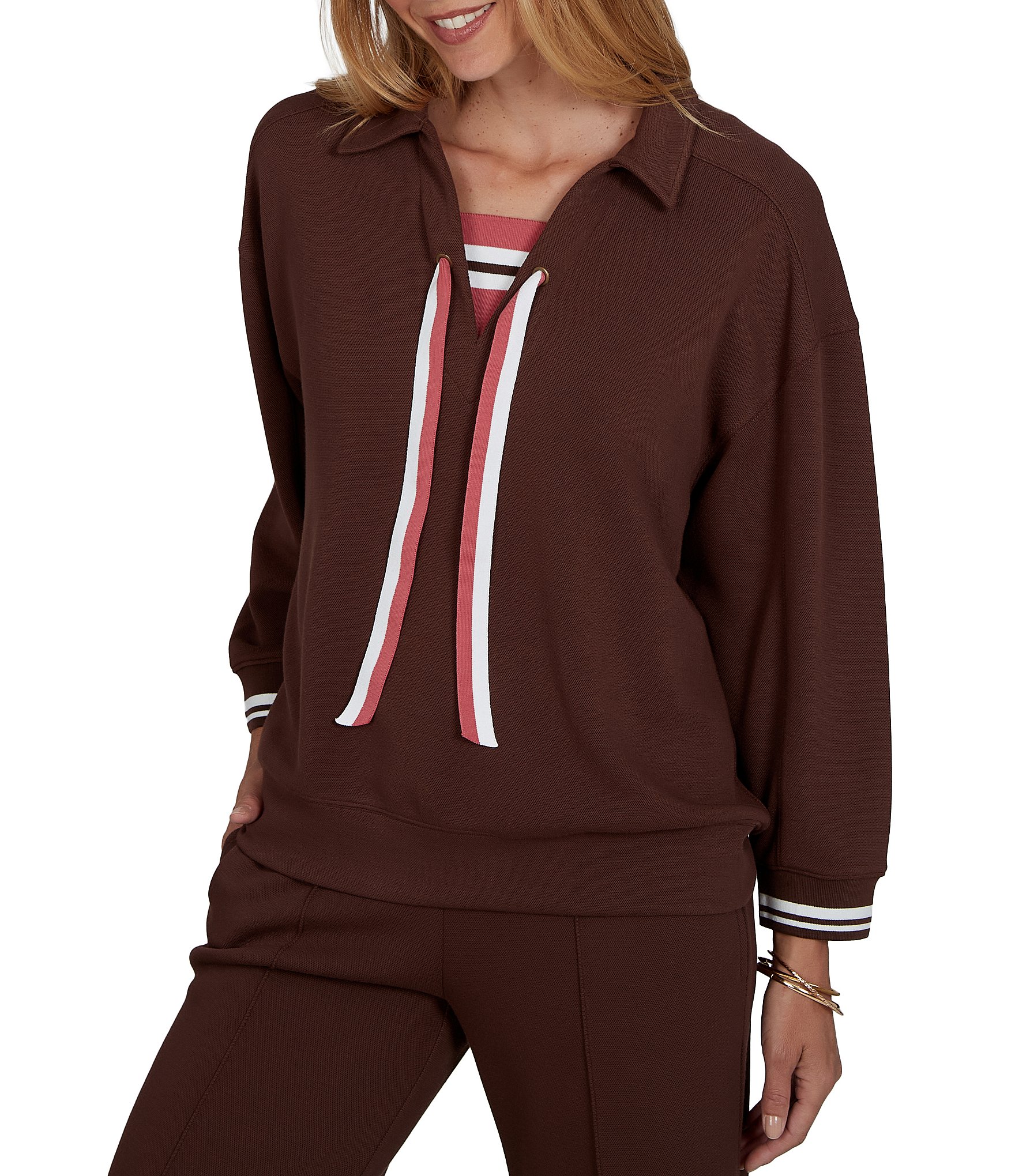 Ruby Rd. Petite Size Stripe Trim Johnny Collar Long Sleeve Pullover Top