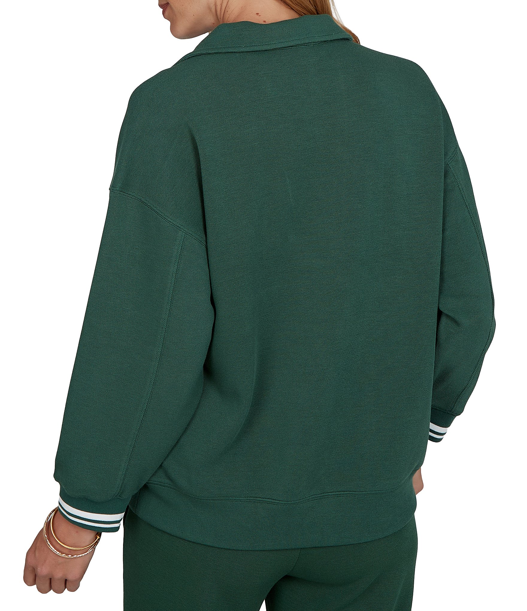 Ruby Rd. Petite Size Stripe Trim Johnny Collar Long Sleeve Pullover Top