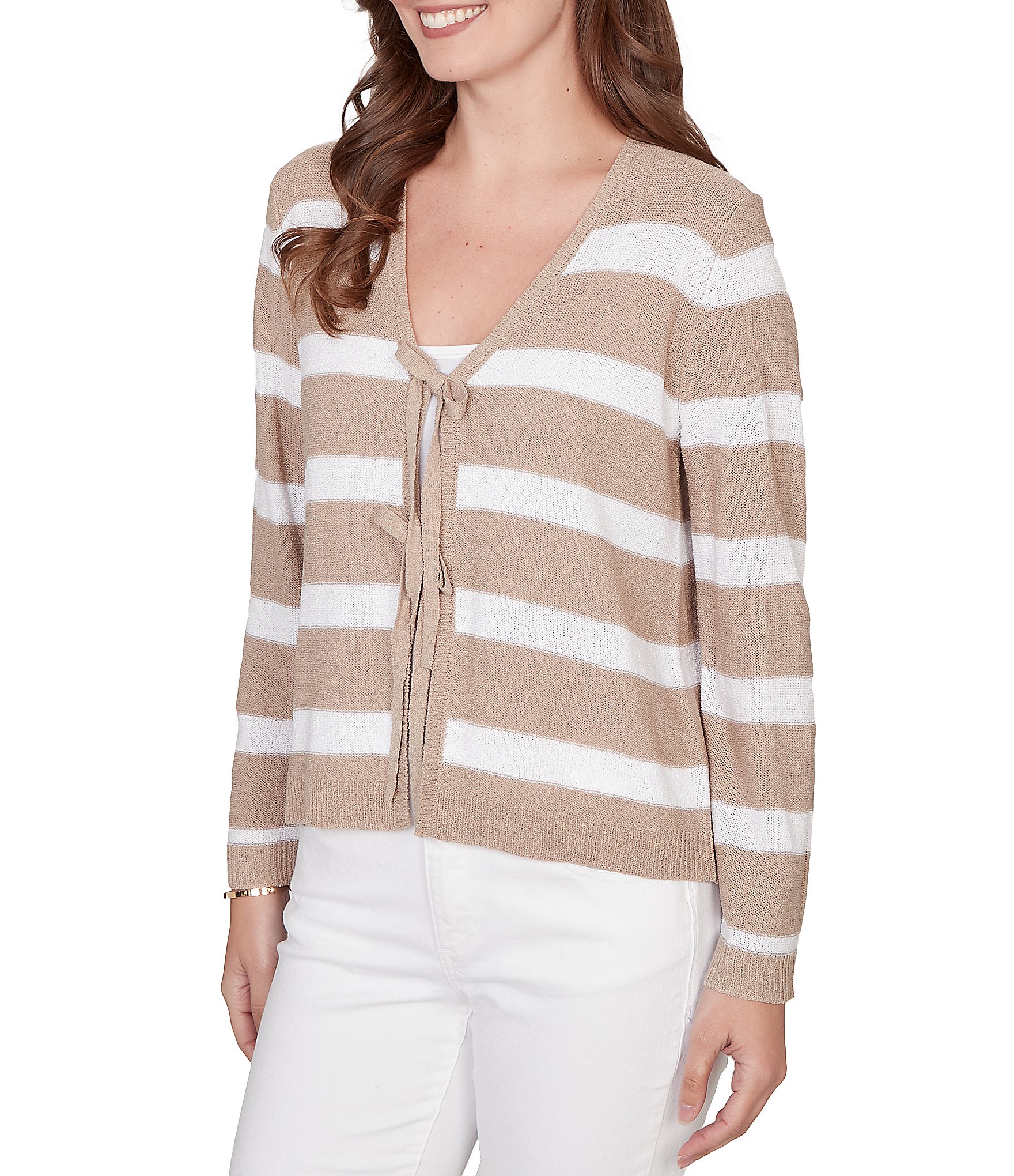 Ruby Rd. Petite Size Stripe V-Neck Long Sleeve Tie-Front Sweater