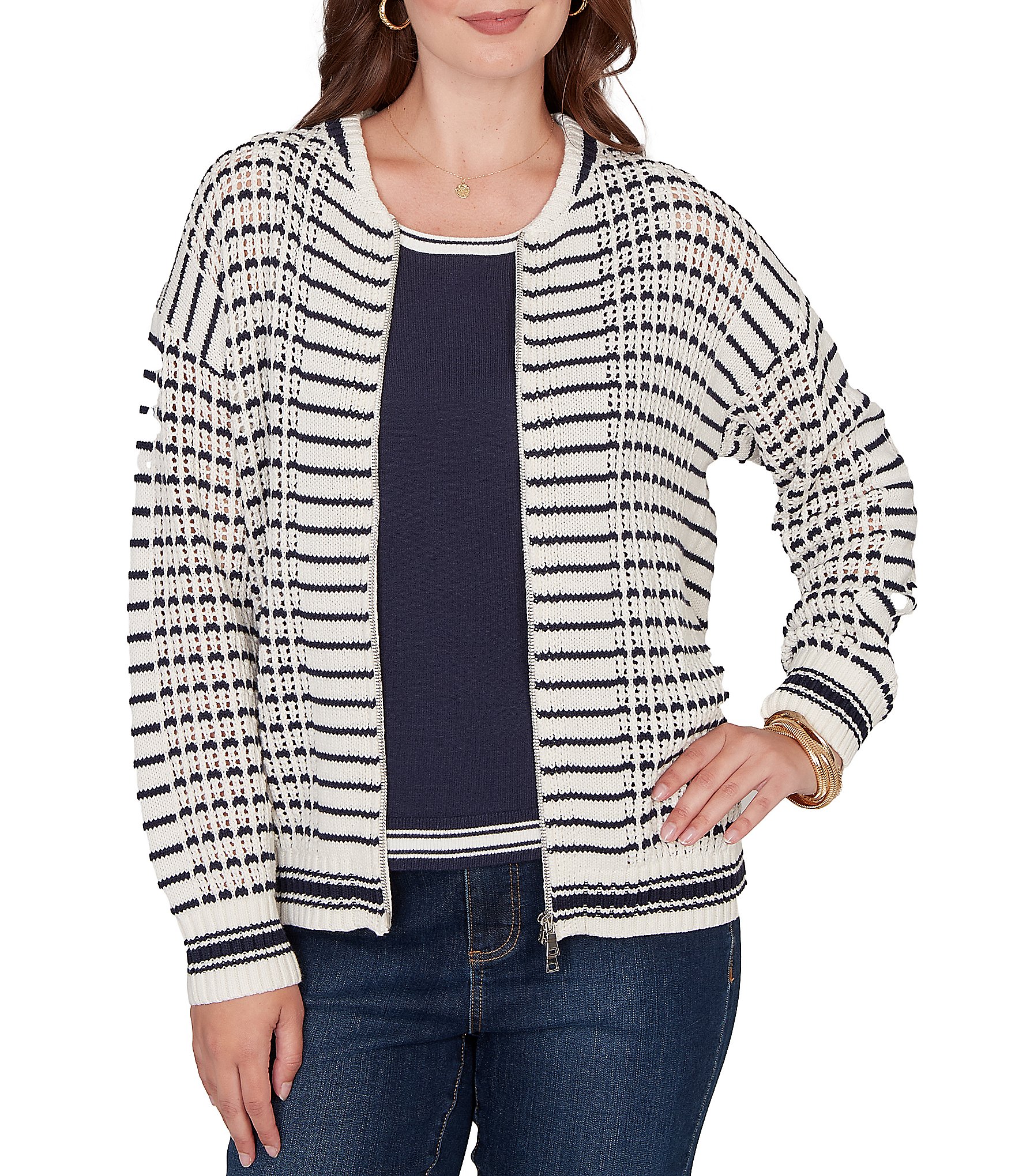 Ruby Rd. Petite Size Striped Ribbed Long Sleeve Mesh Zip-Up Sweater