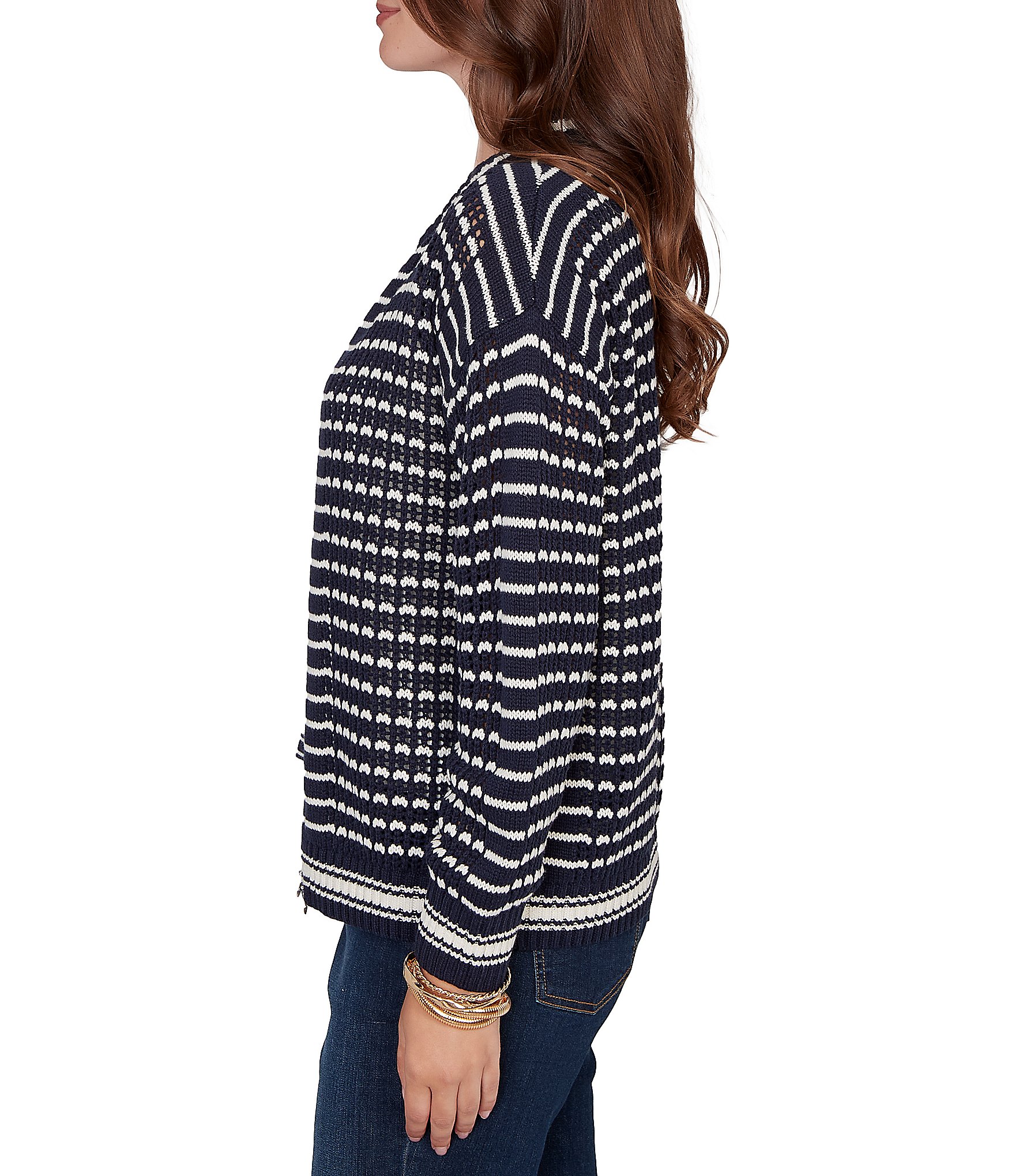 Ruby Rd. Petite Size Striped Ribbed Long Sleeve Mesh Zip-Up Sweater