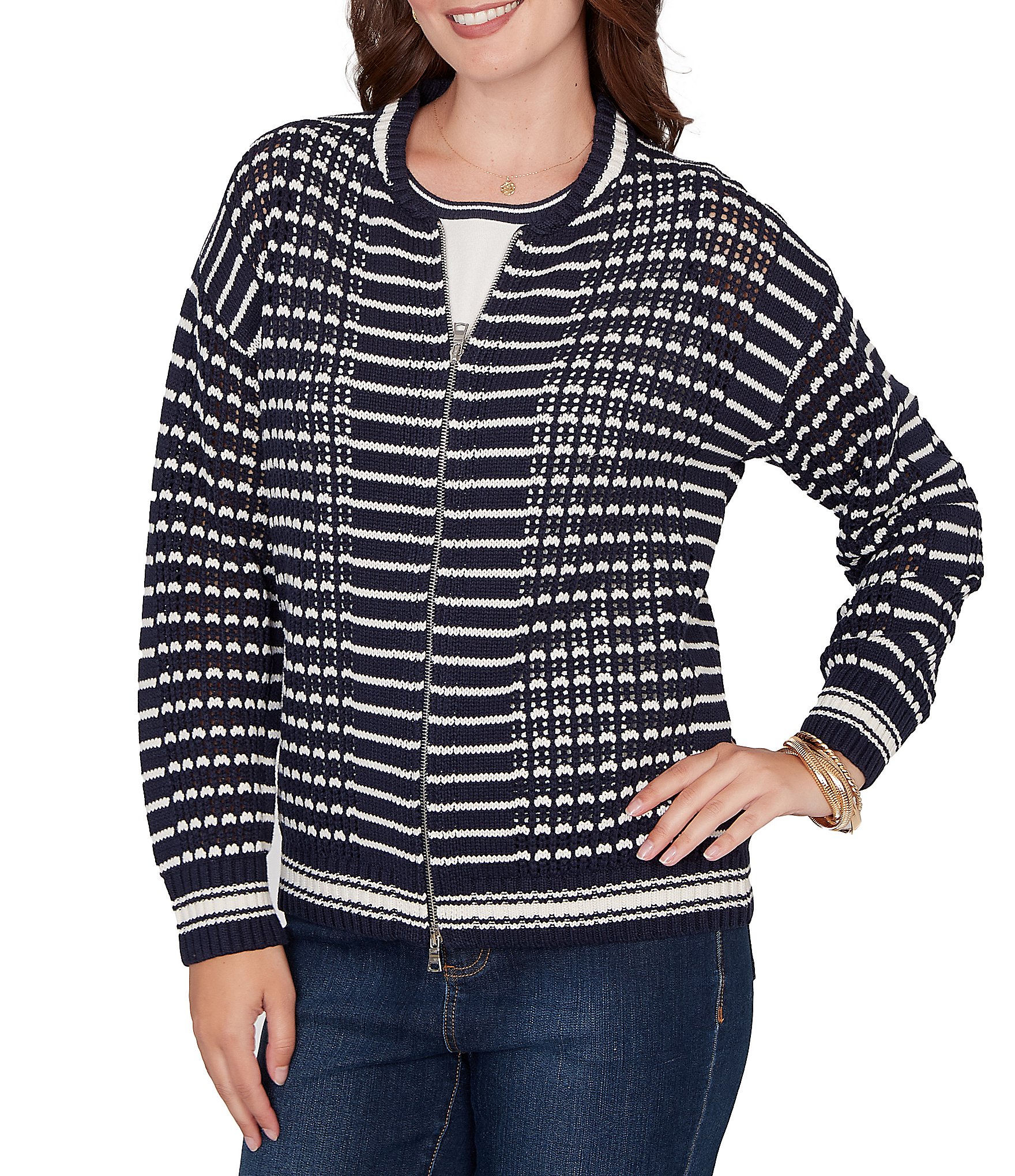 Ruby Rd. Petite Size Striped Ribbed Long Sleeve Mesh Zip-Up Sweater