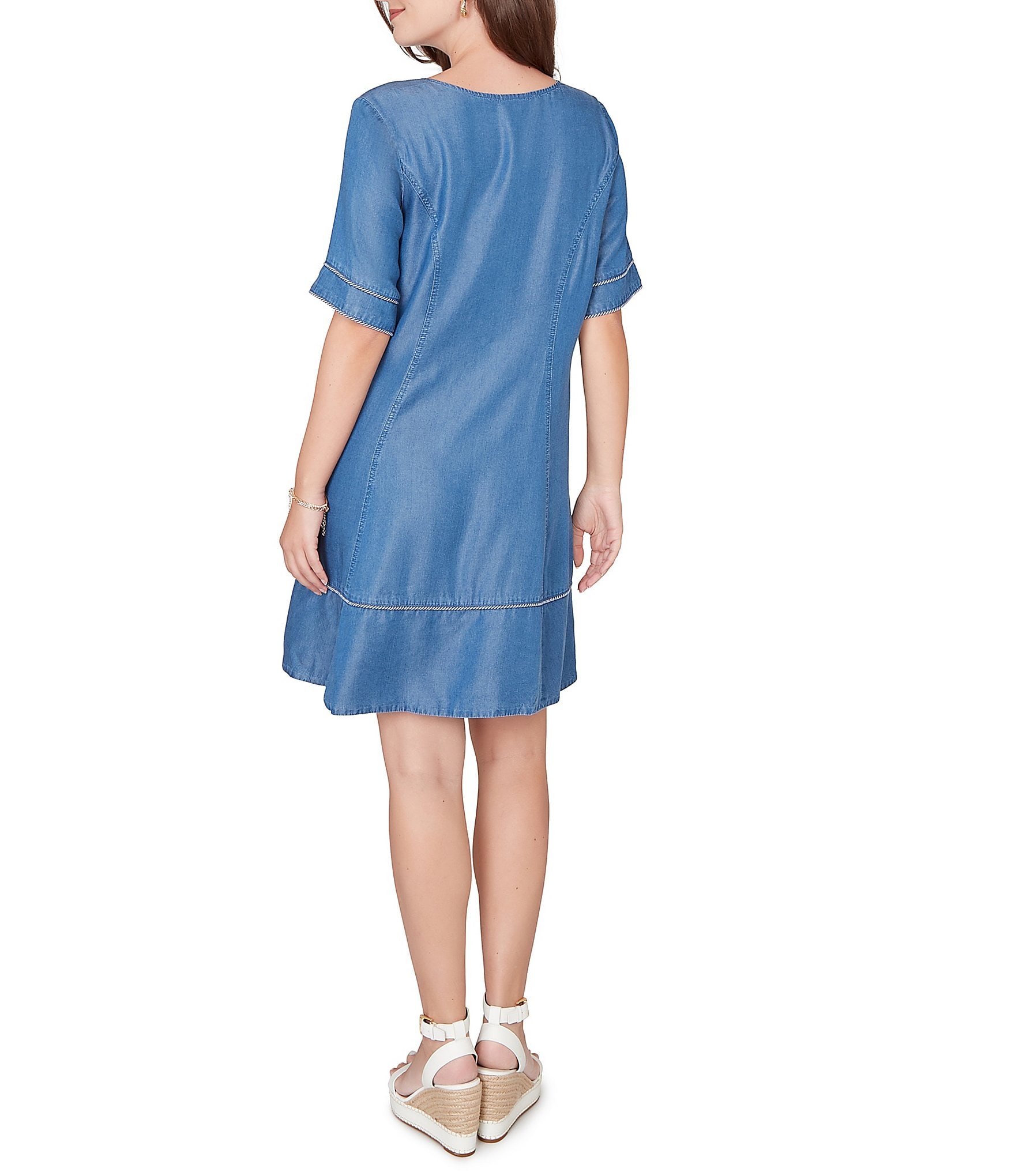 Ruby Rd. Petite Size Tencel™ Split Neck Short Sleeve Lace-Up Shift Dress