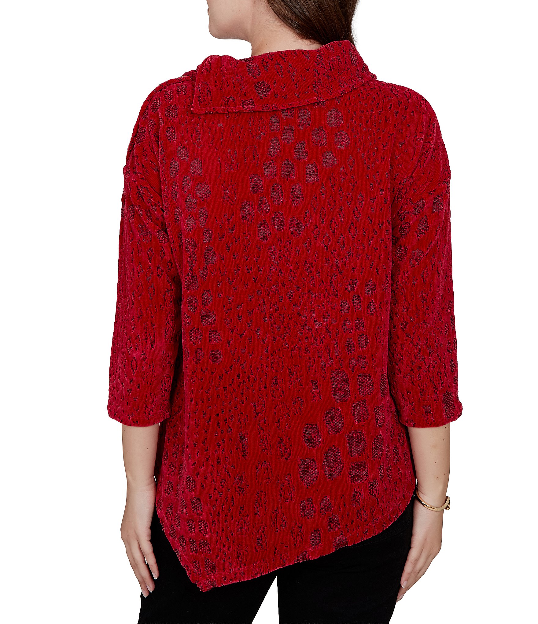 Ruby Rd. Petite Size Textured Animal Jacquard Split Cowl Neck 3/4 Sleeve Asymmetric Hem Sweater