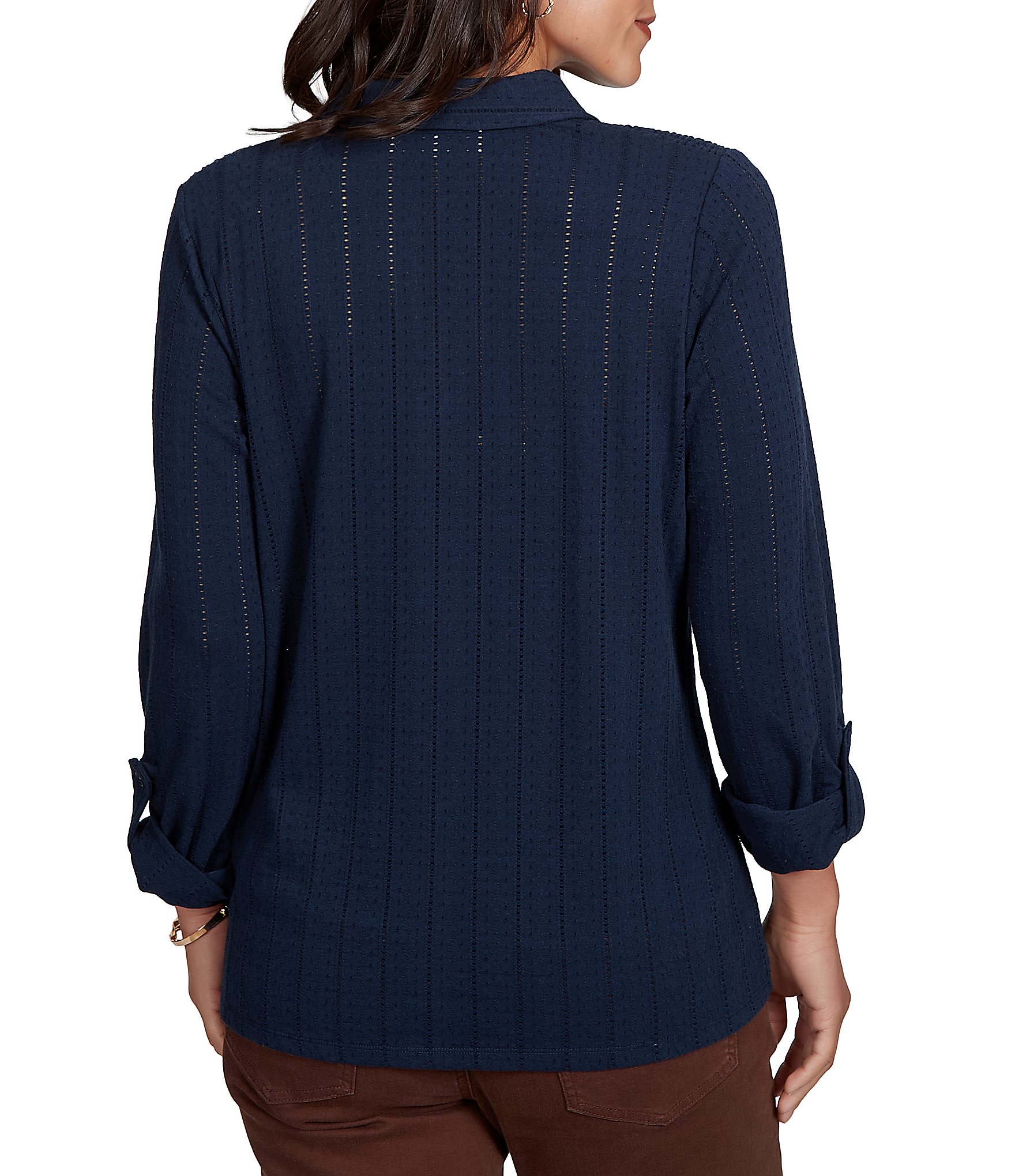 Ruby Rd. Petite Size Textured Dobby Vertical Stripe Point Collar Long Roll-Tab Sleeve Button-Front Shirt