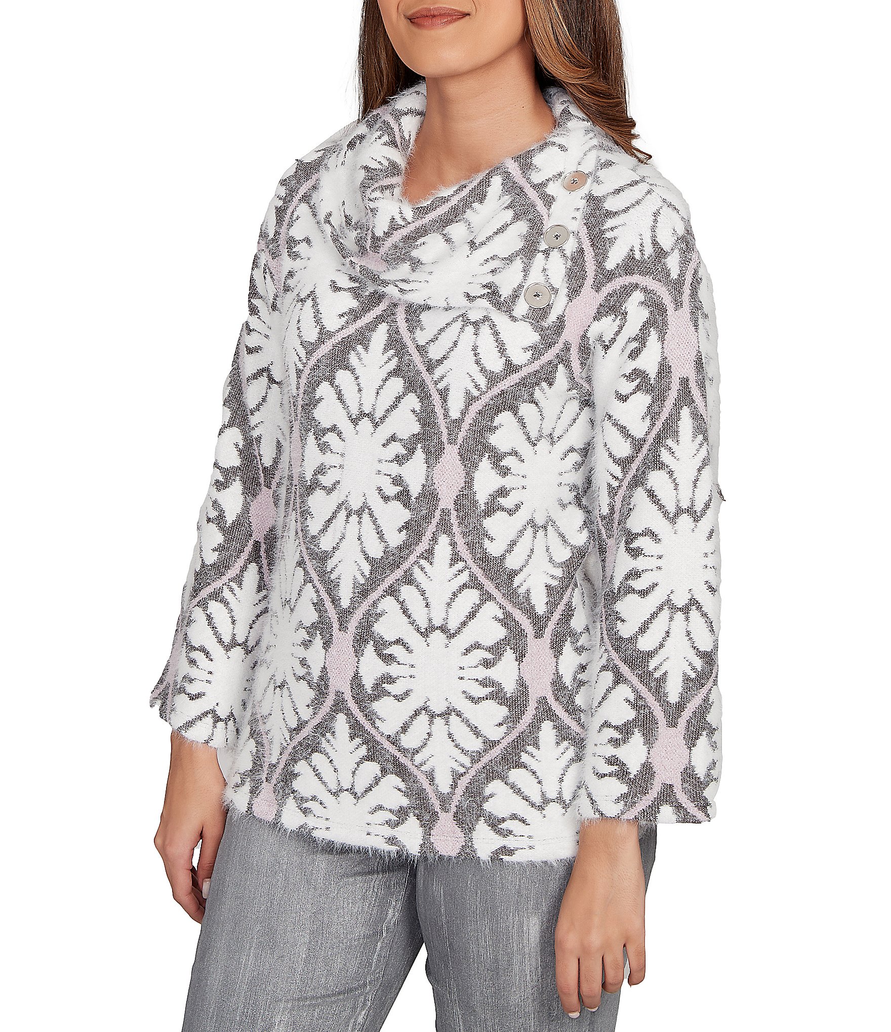 Ruby Rd. Petite Size Textured Jacquard Knit Medallion Cowl Neck Bracelet Length Sleeve Sweater