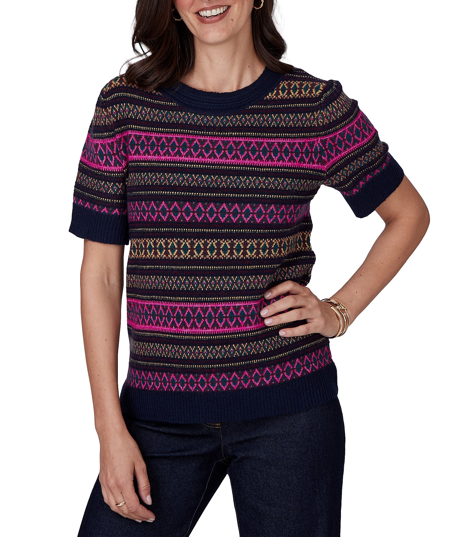 Ruby Rd. Petite Size Textured Knit Fair Isle Crew Neck Short Sleeve Ribbed Sweater