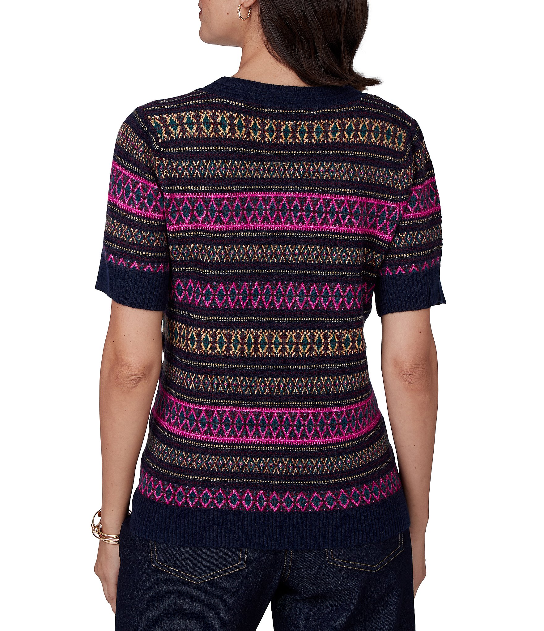 Ruby Rd. Petite Size Textured Knit Fair Isle Crew Neck Short Sleeve Ribbed Sweater