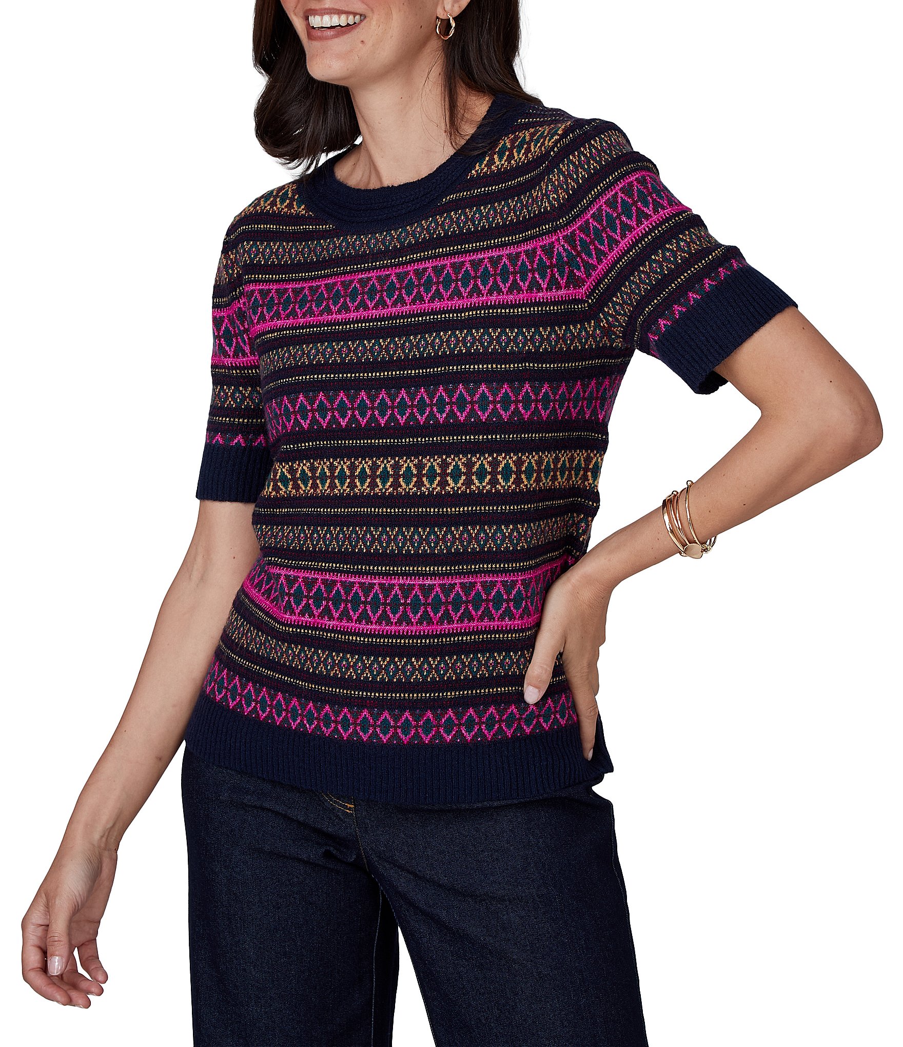Ruby Rd. Petite Size Textured Knit Fair Isle Crew Neck Short Sleeve Ribbed Sweater