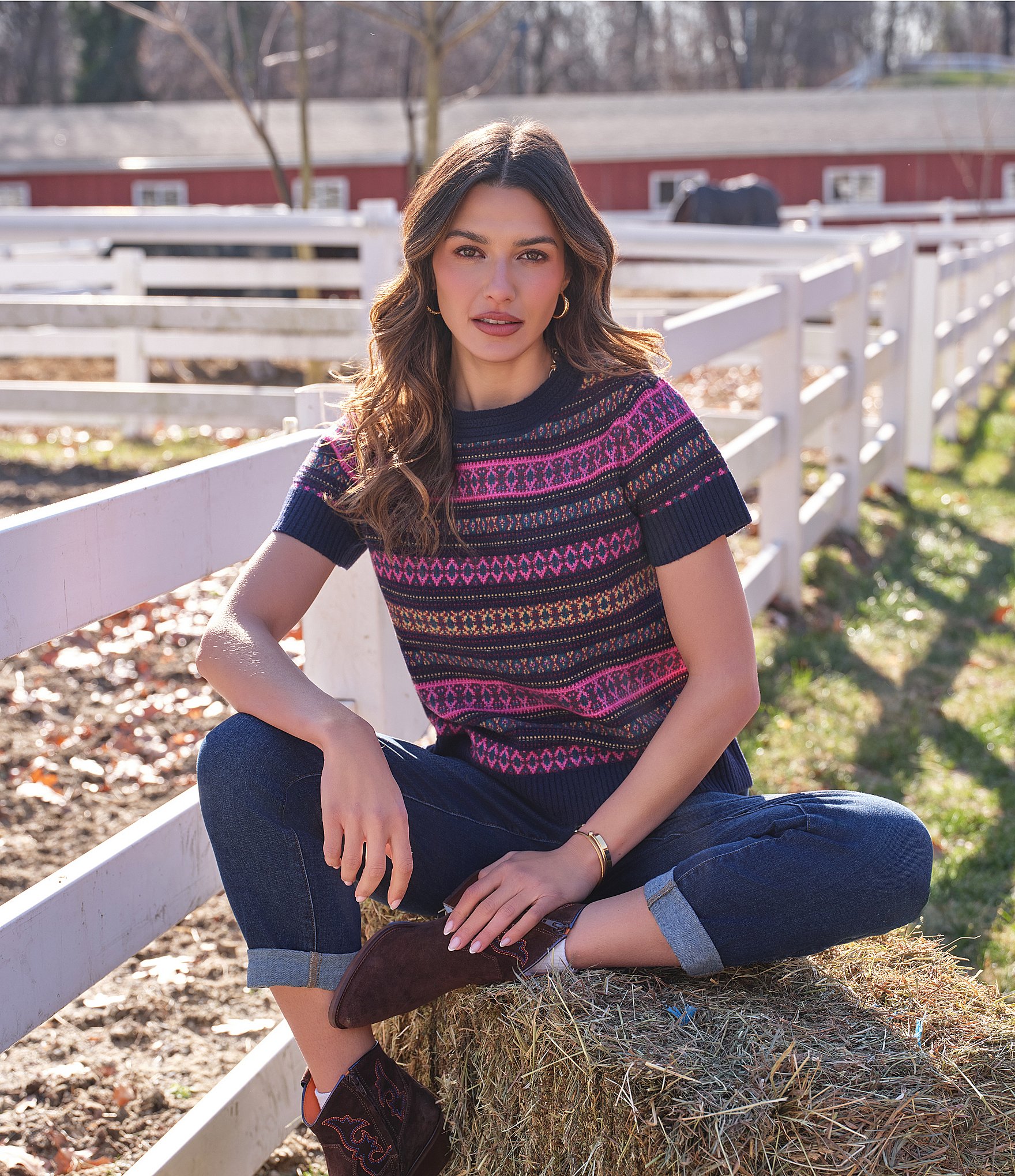 Ruby Rd. Petite Size Textured Knit Fair Isle Crew Neck Short Sleeve Ribbed Sweater