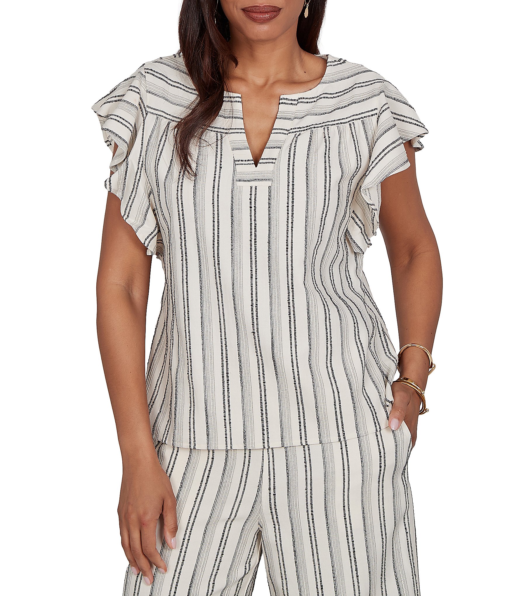 Ruby Rd. Petite Size Textured Stripe Split V-Neck Short Flutter Sleeve Coordinating Top