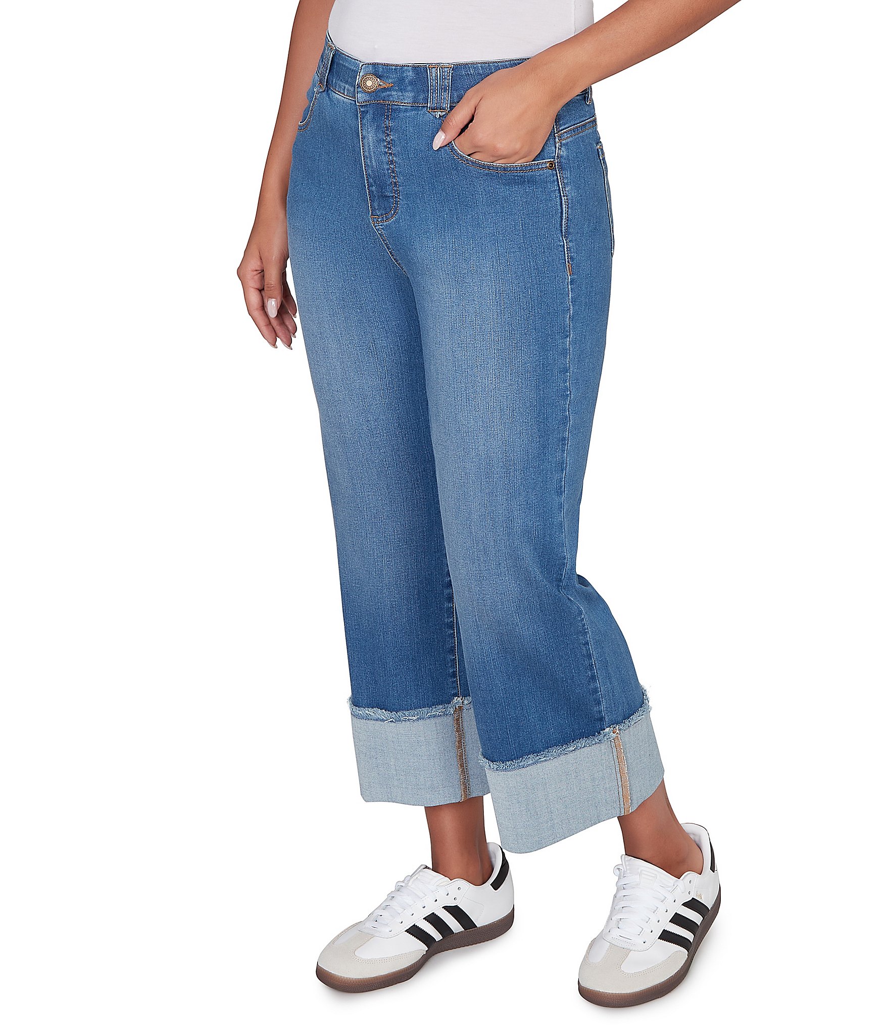 Ruby Rd. Petite Size Ultra-Soft Denim Rolled Hem Wide Leg Jeans