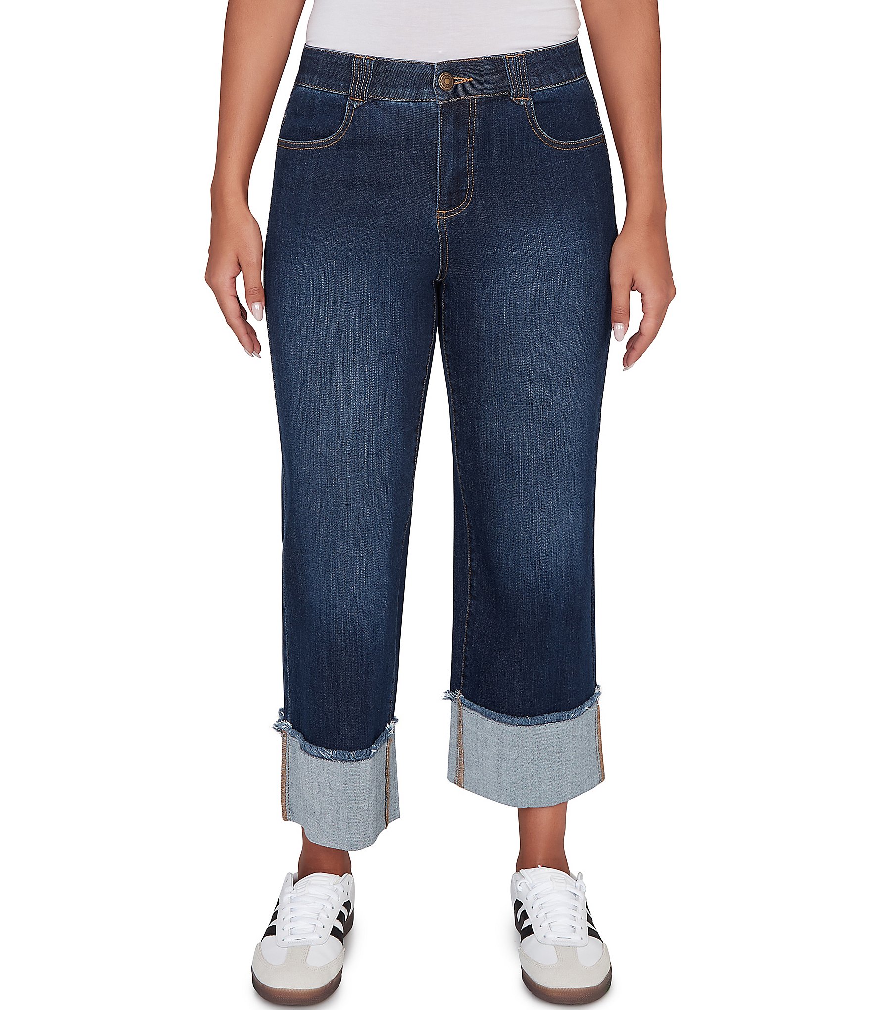 Ruby Rd. Petite Size Ultra-Soft Denim Rolled Hem Wide Leg Jeans