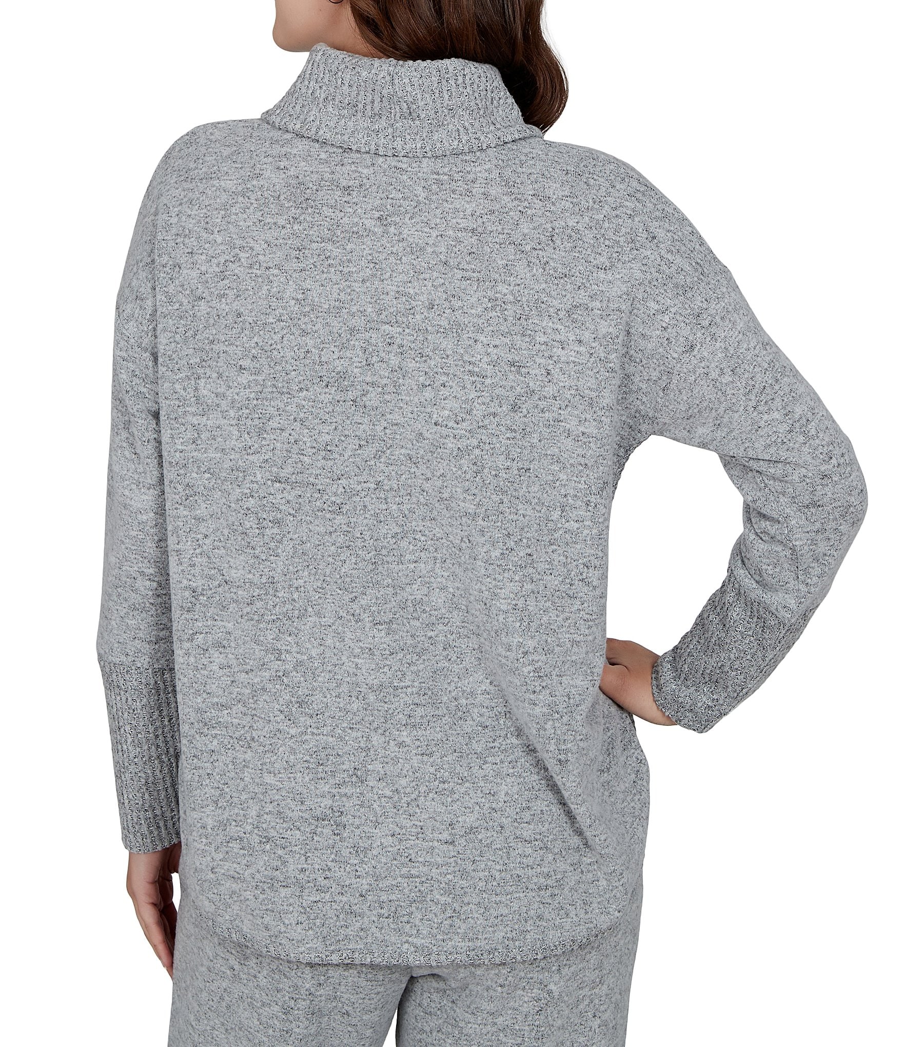 Ruby Rd. Petite Size Waffle Knit Drawstring Draped Cowl Neck Long Sleeve Top