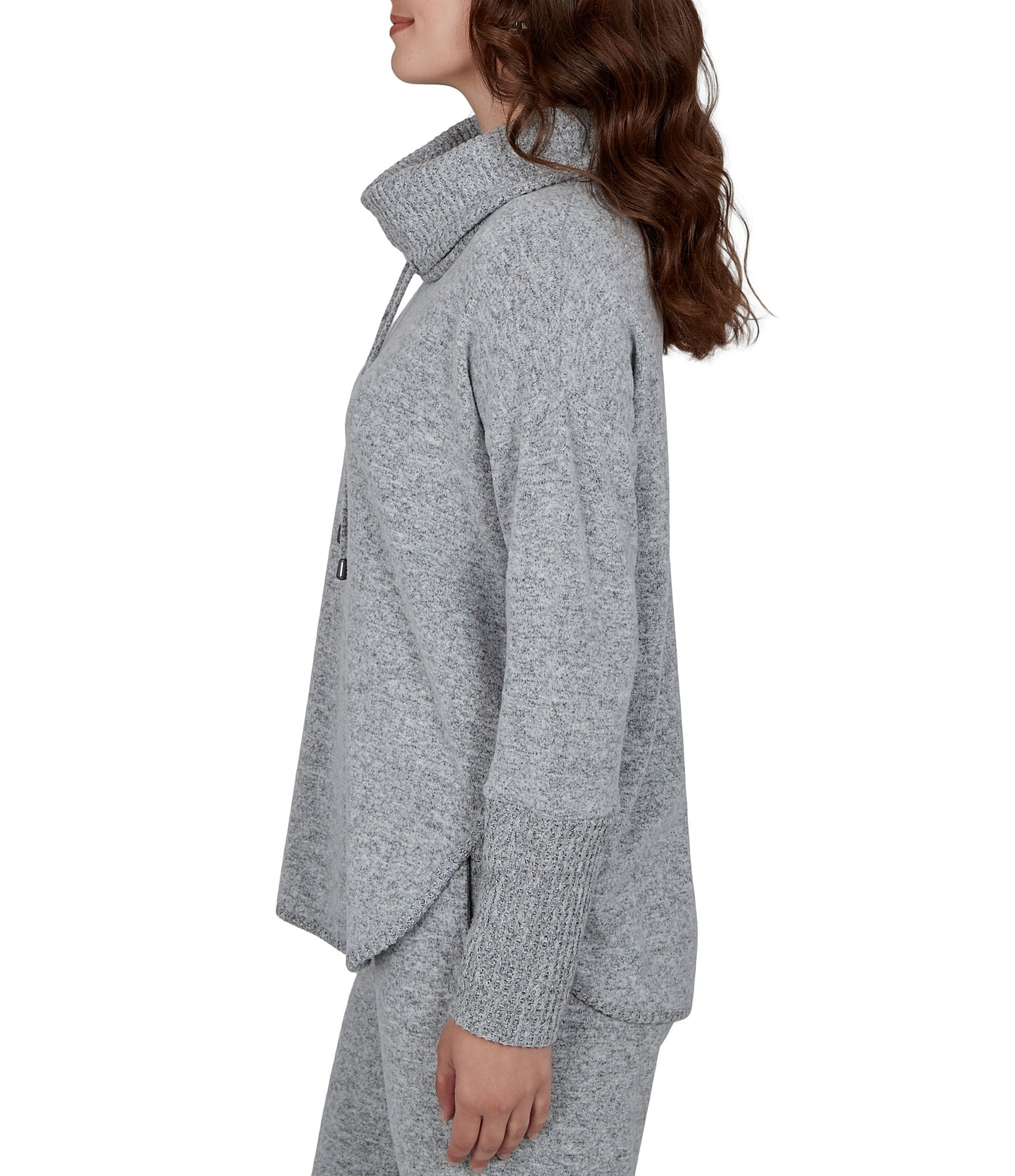 Ruby Rd. Petite Size Waffle Knit Drawstring Draped Cowl Neck Long Sleeve Top