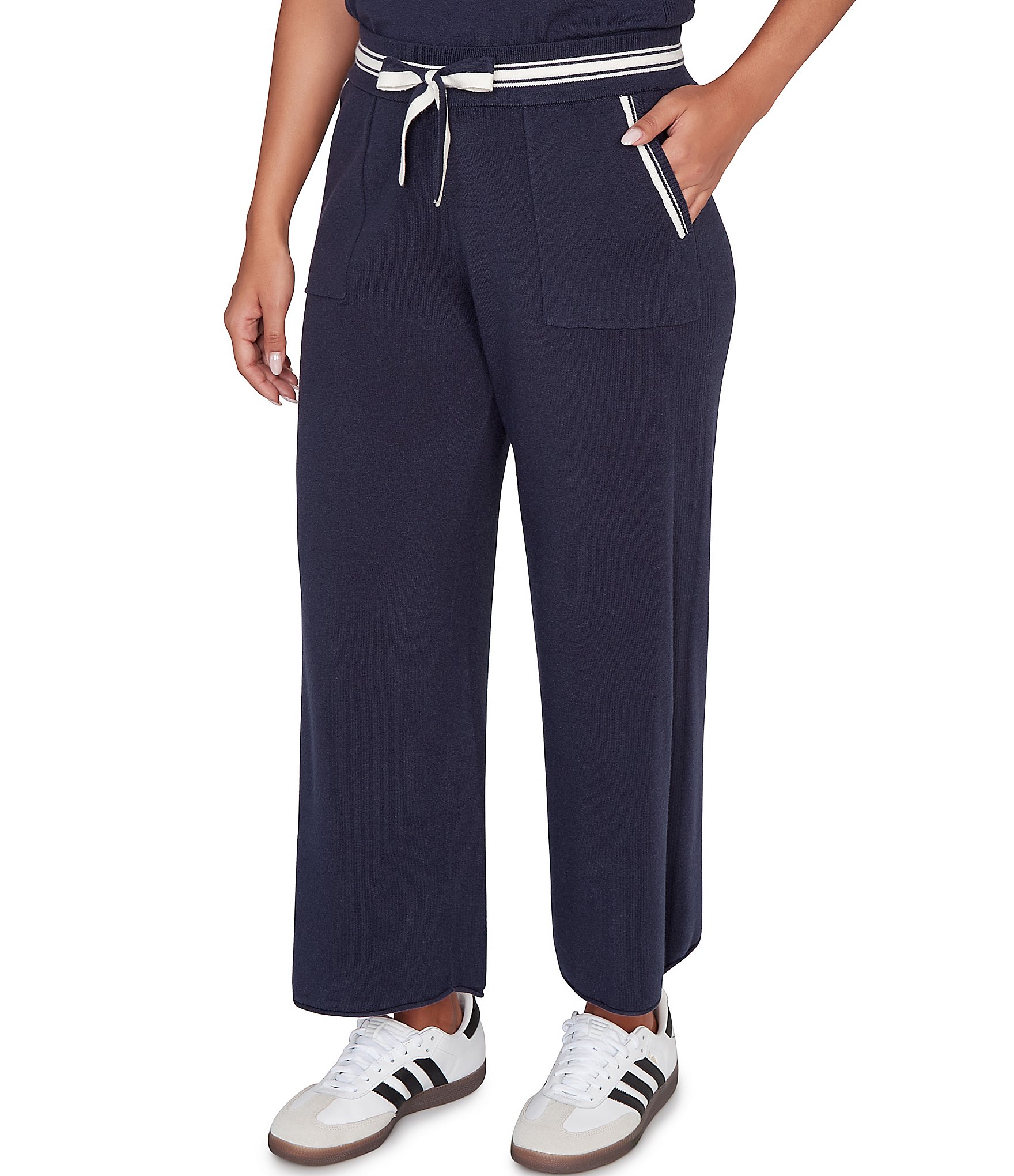 Ruby Rd. Petite Size Wide-Leg Contrast Striped Trim Pull-On Sweater Pants