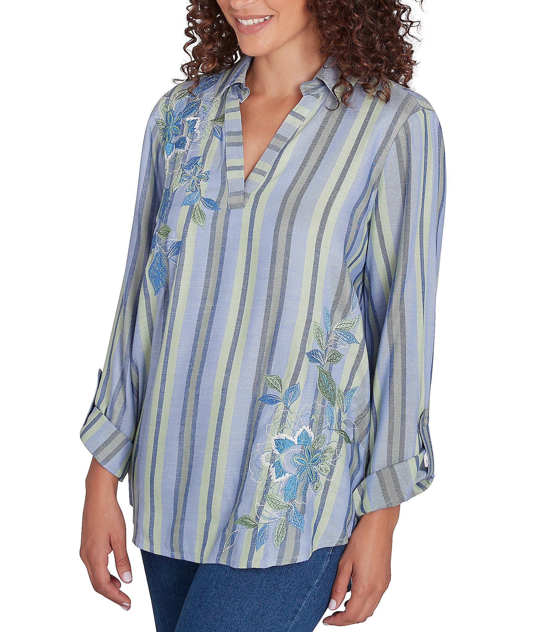 Ruby Rd. Petite Size Woven Embroidered Floral Stripe Collared V-Neck Long Roll-Tab Sleeve Blouse