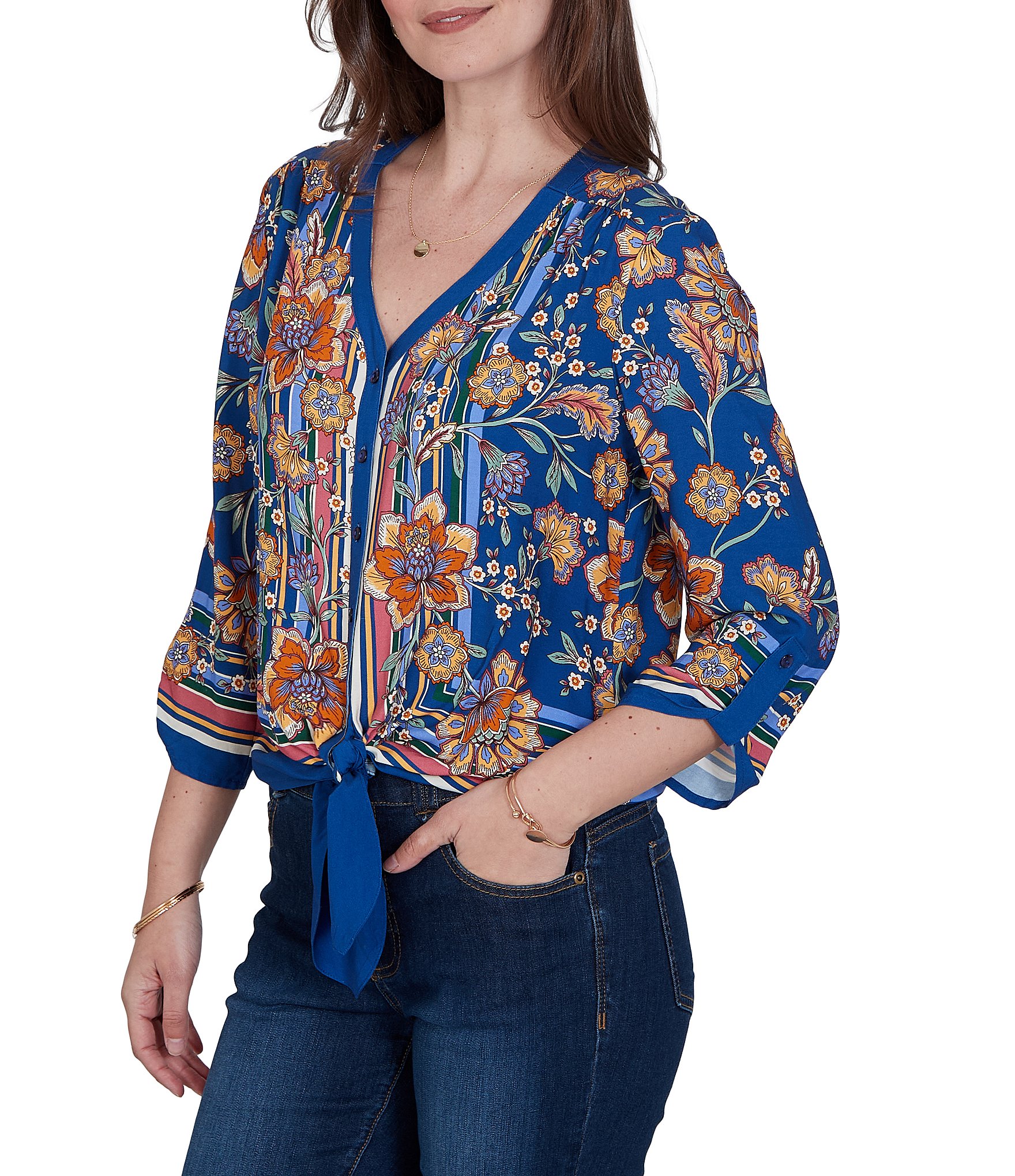 Ruby Rd. Petite Size Woven Floral Vines V-Neck 3/4 Sleeve Top