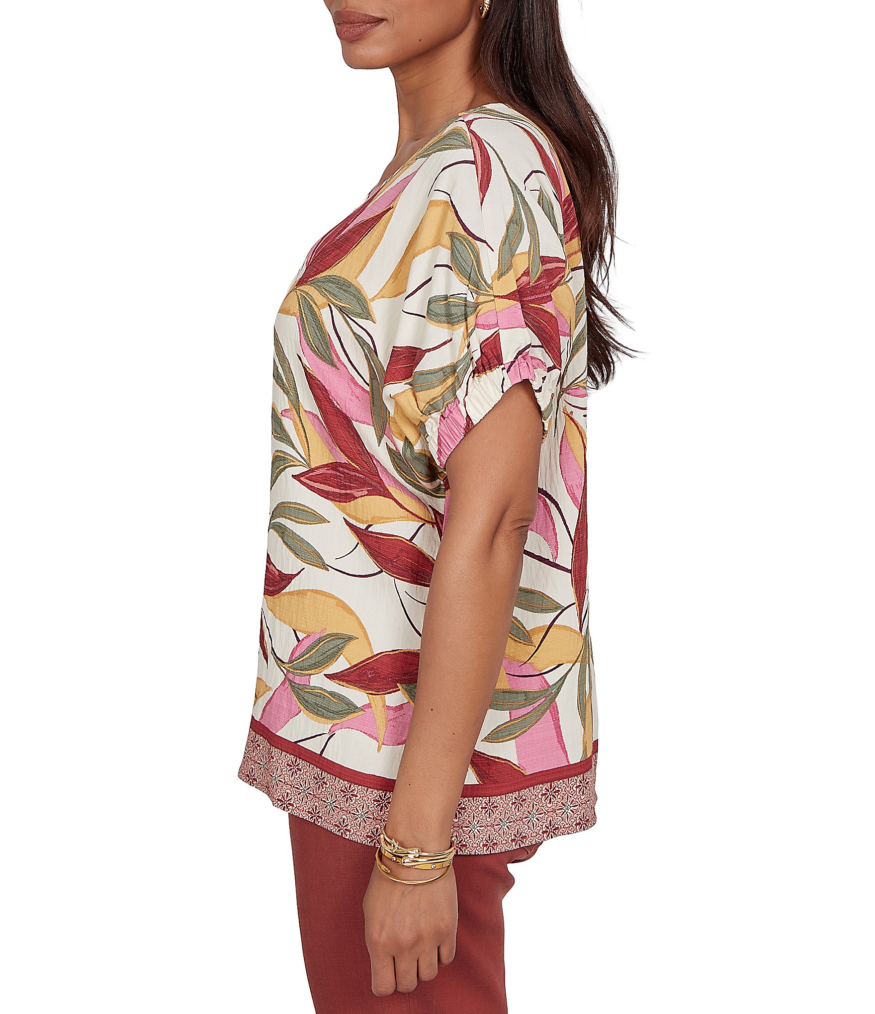 Ruby Rd. Petite Size Woven Sedona Scoop Neck Short Elasticated Sleeve Top