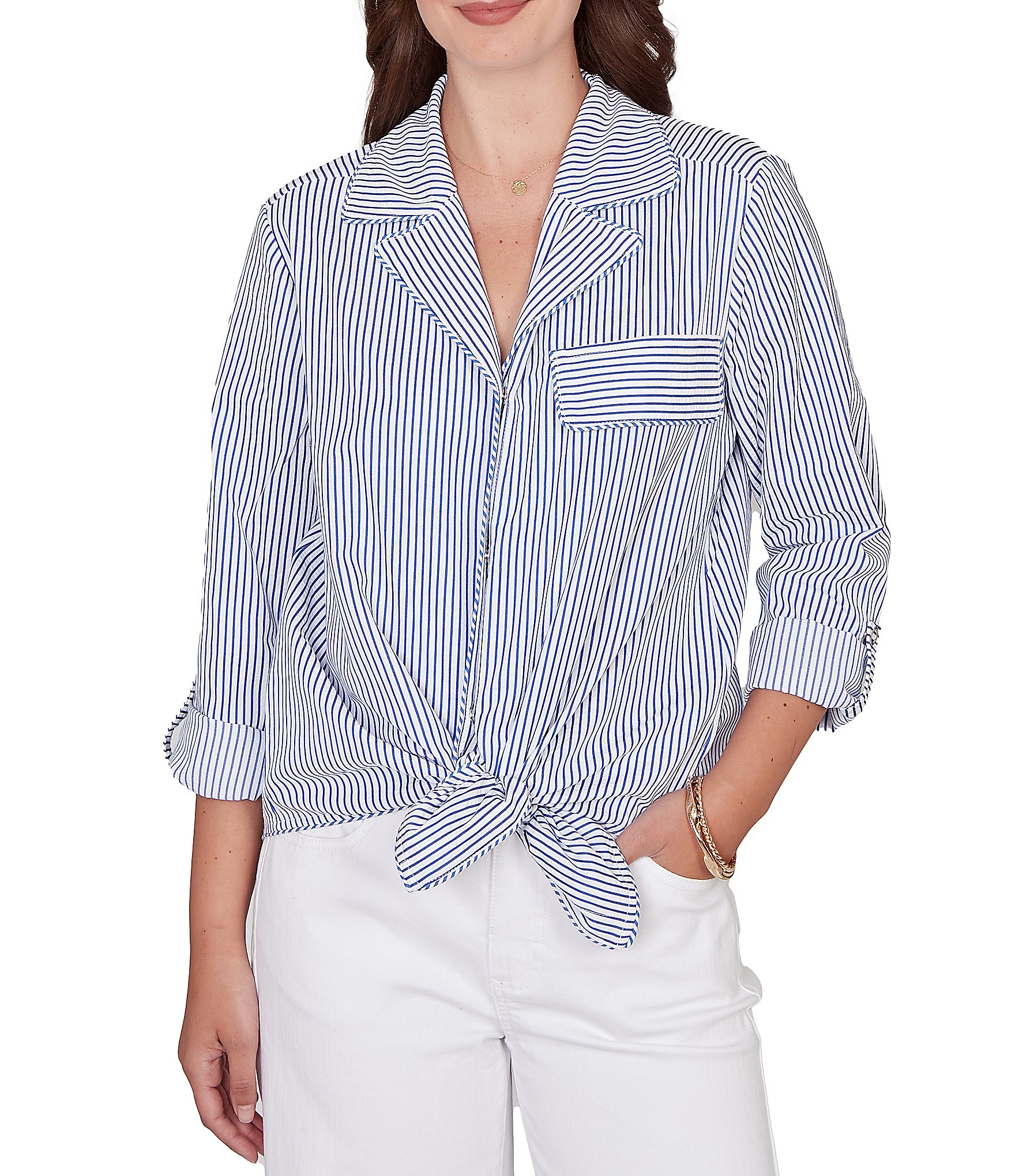 Ruby Rd. Petite Size Woven Stripe Notch Lapel Collar Long Roll-Tab Sleeve Tie-Front Shirt