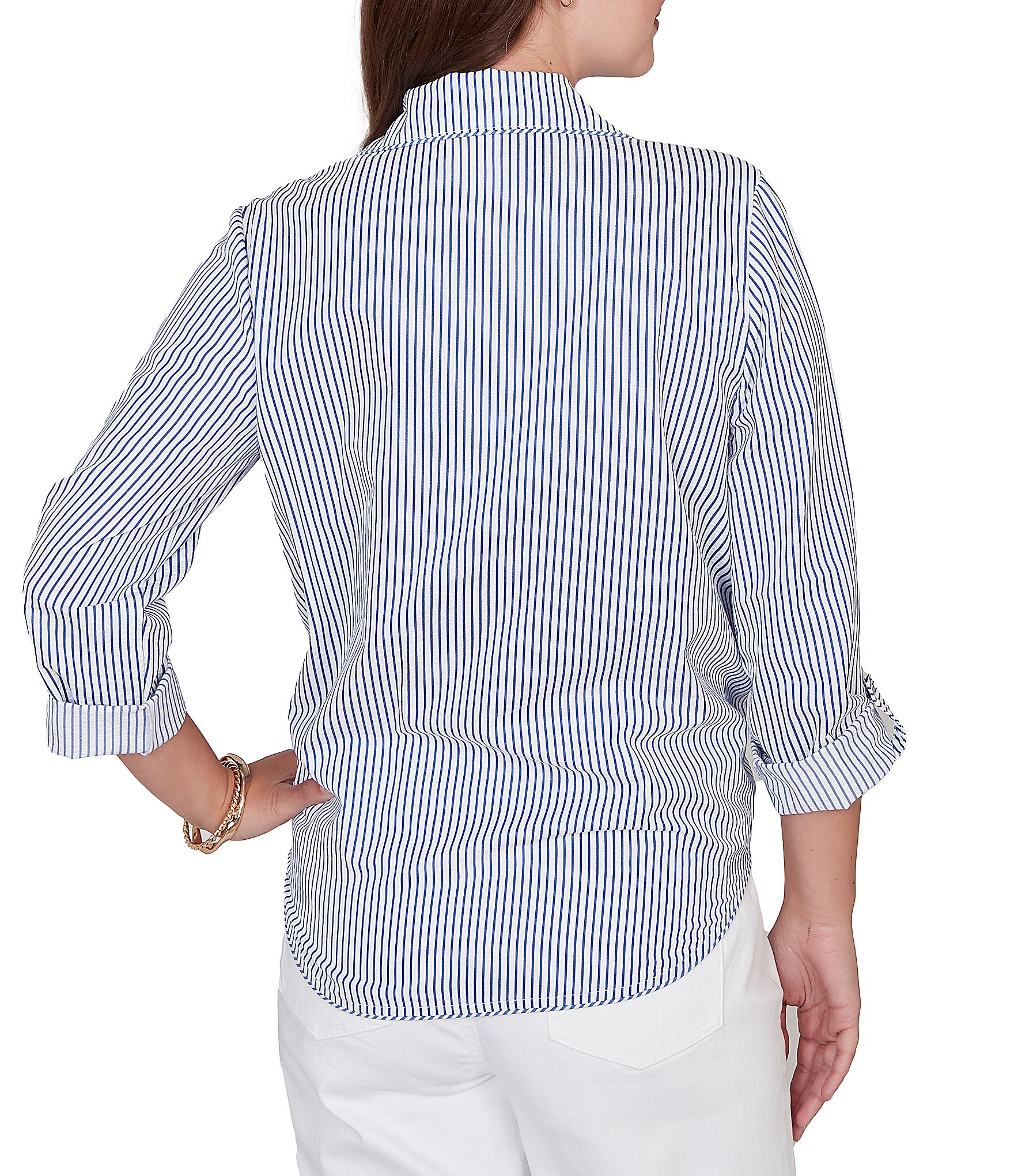 Ruby Rd. Petite Size Woven Stripe Notch Lapel Collar Long Roll-Tab Sleeve Tie-Front Shirt