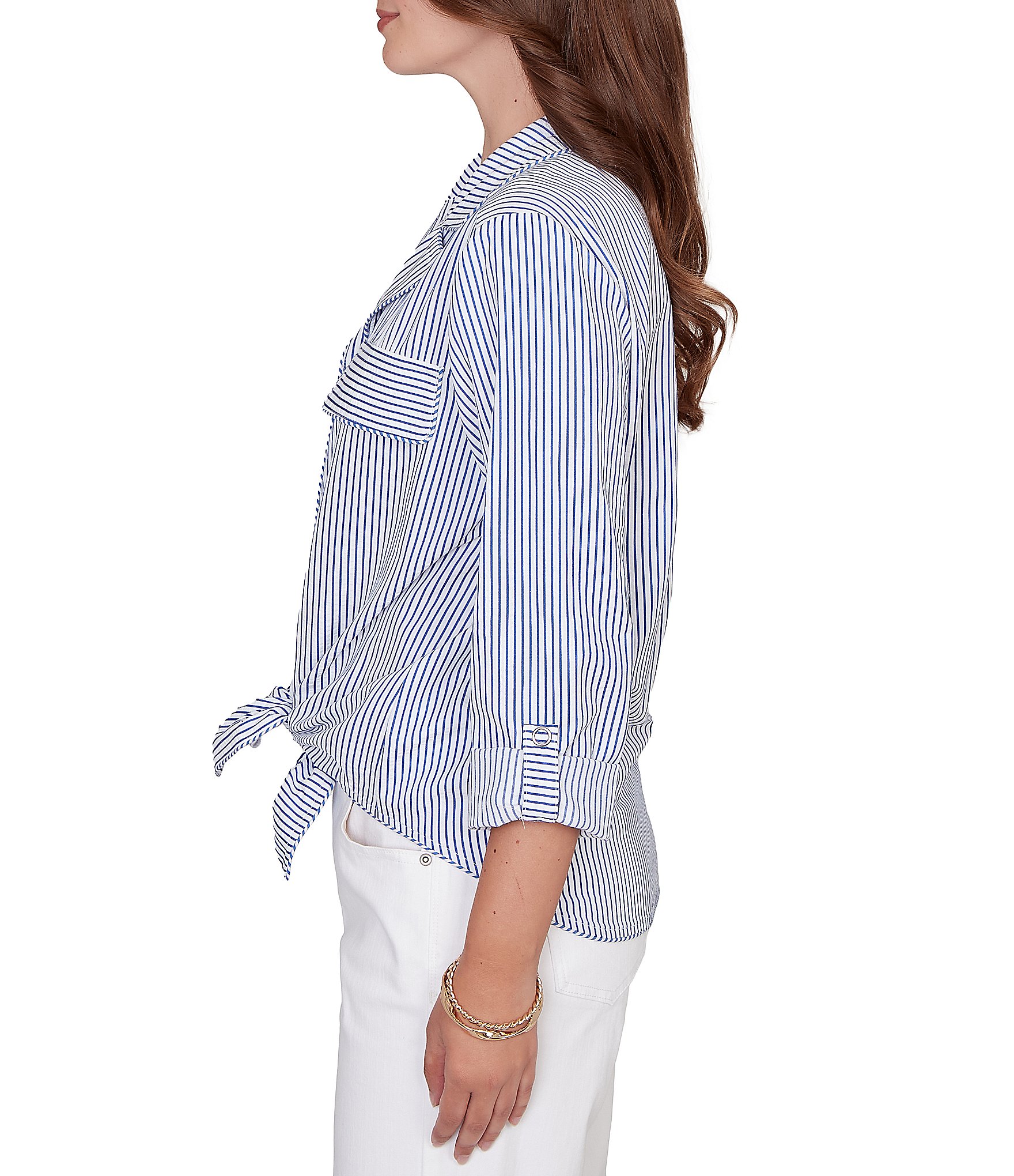 Ruby Rd. Petite Size Woven Stripe Notch Lapel Collar Long Roll-Tab Sleeve Tie-Front Shirt