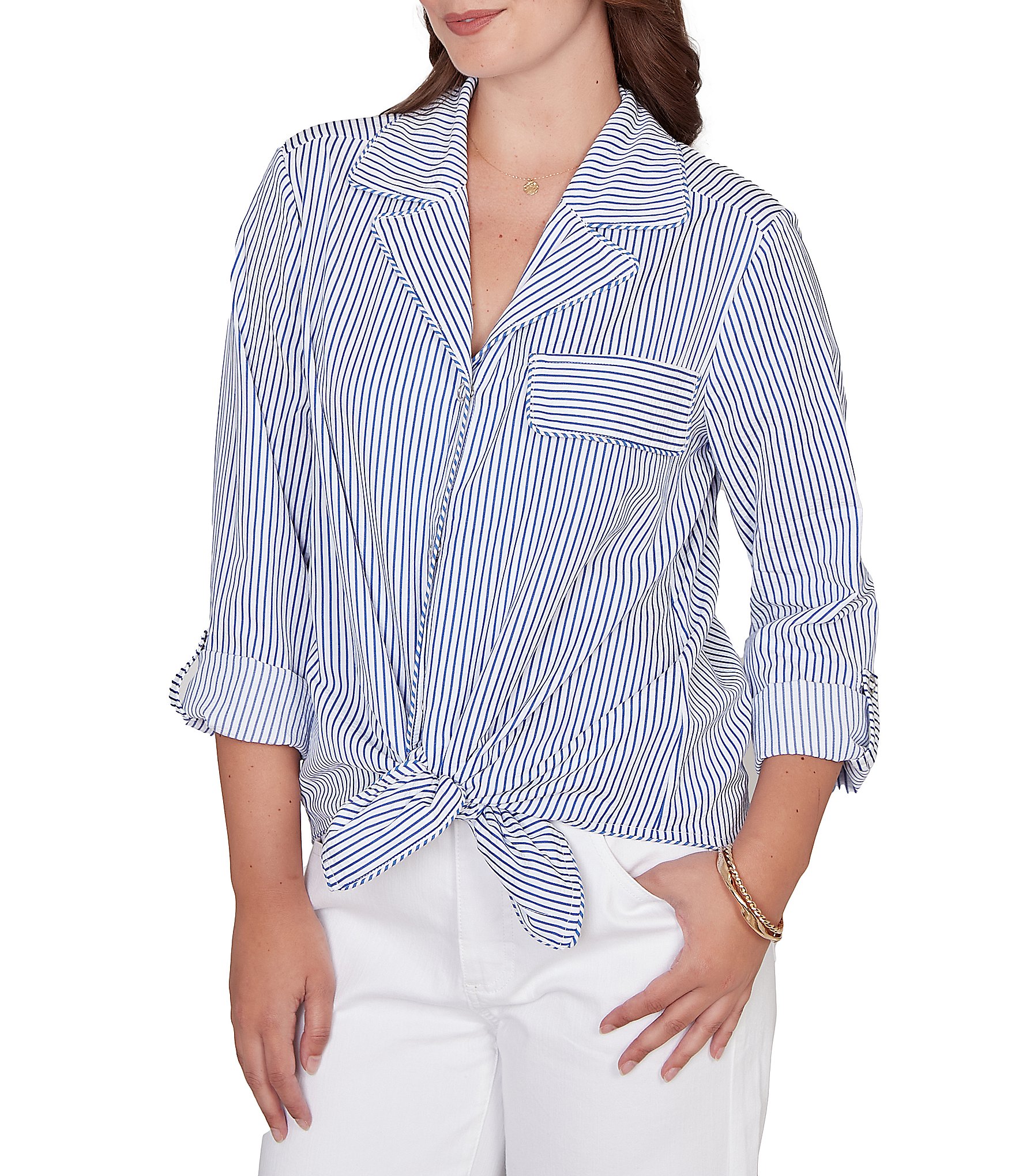 Ruby Rd. Petite Size Woven Stripe Notch Lapel Collar Long Roll-Tab Sleeve Tie-Front Shirt