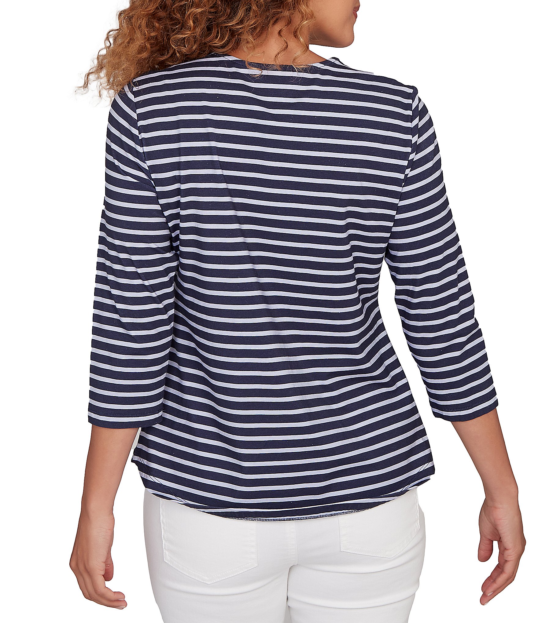 Ruby Rd. Petite Size Yarn-Dyed Cotton Jersey Striped Square Neck 3/4 Sleeve Tee Top