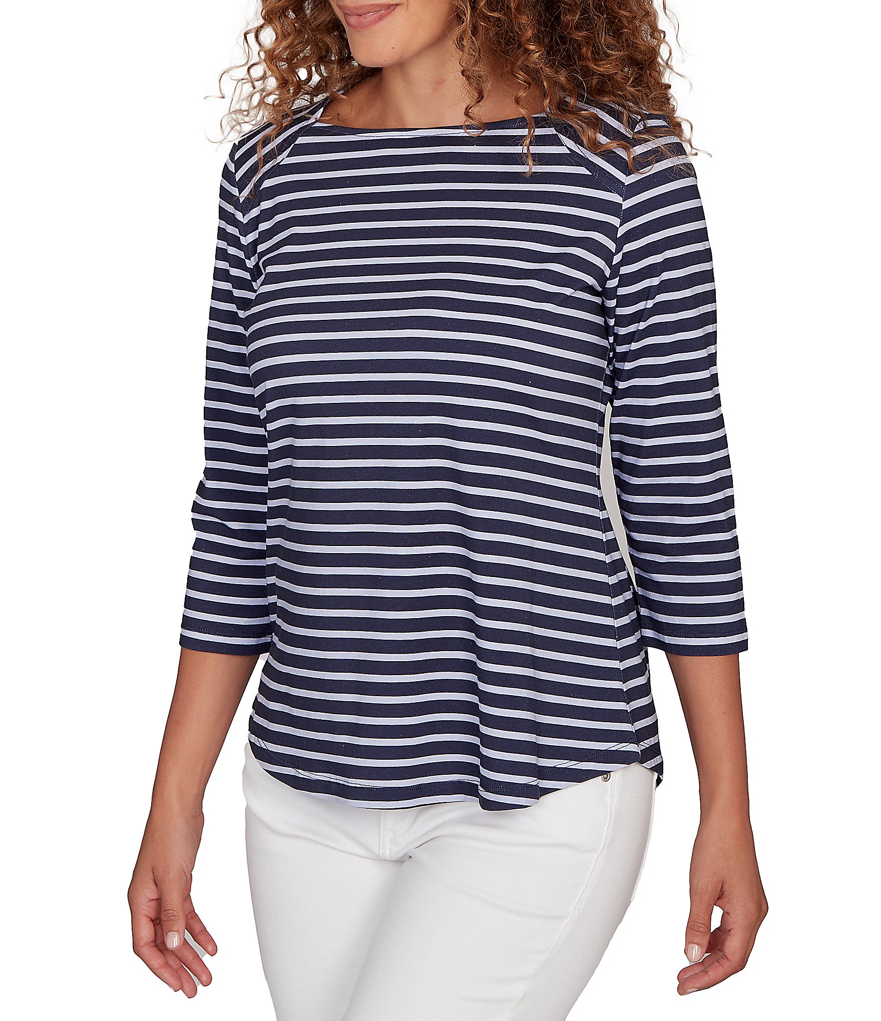 Ruby Rd. Petite Size Yarn-Dyed Cotton Jersey Striped Square Neck 3/4 Sleeve Tee Top