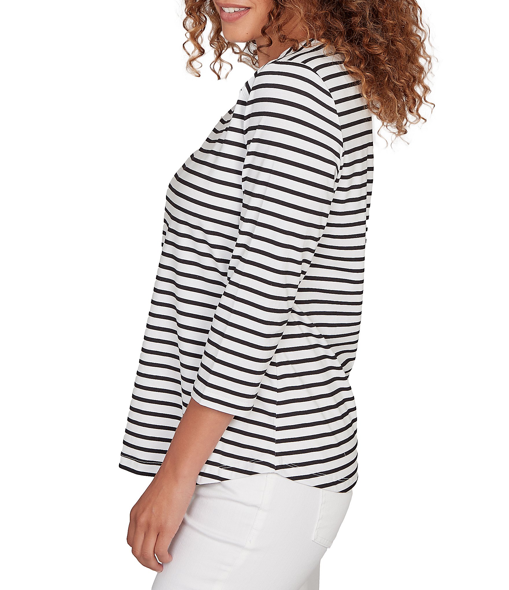 Ruby Rd. Petite Size Yarn-Dyed Cotton Jersey Striped Square Neck 3/4 Sleeve Tee Top