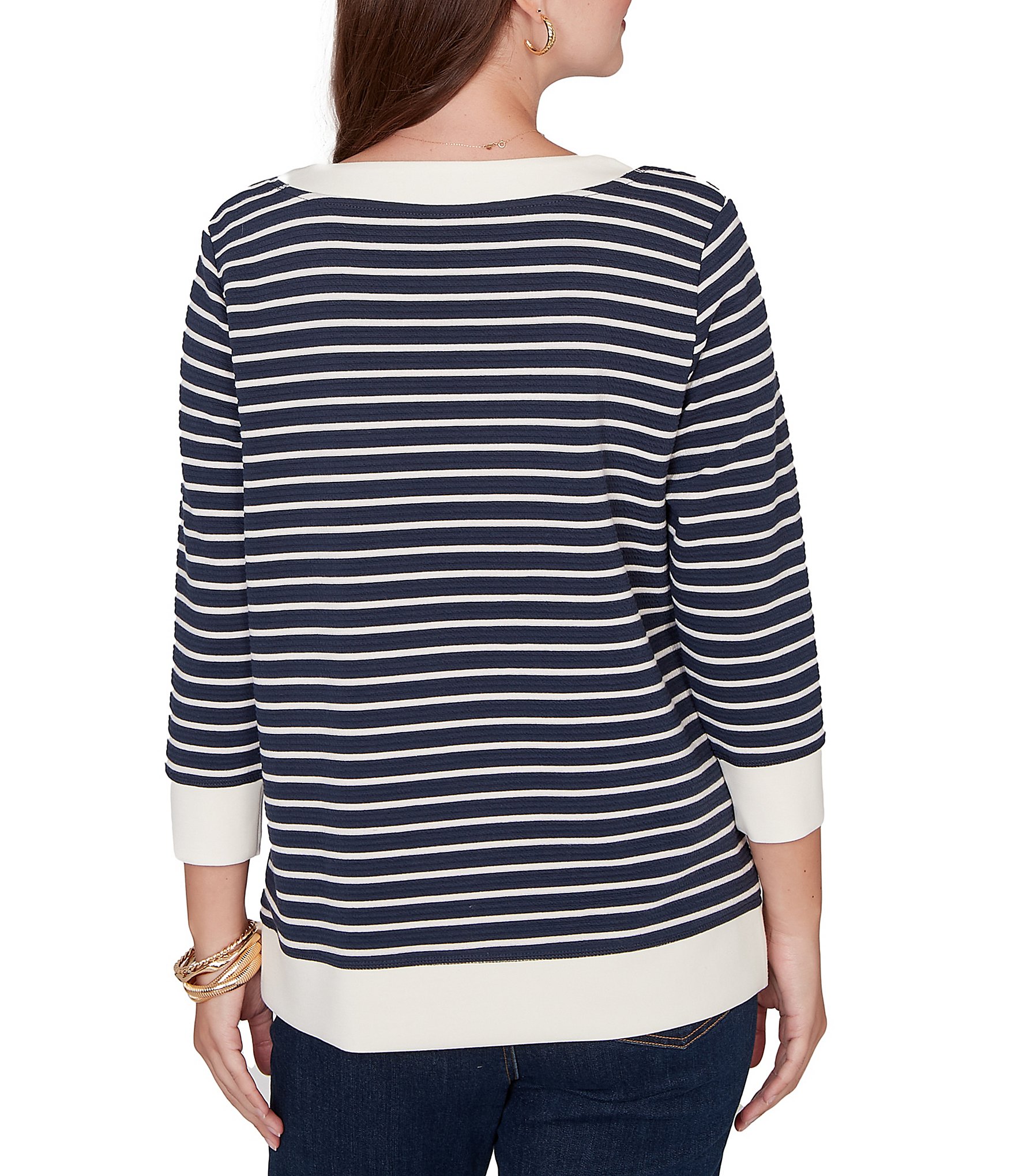 Ruby Rd. Petite Size Yarn-Dyed Stripe Scoop Neck 3/4 Sleeve Top