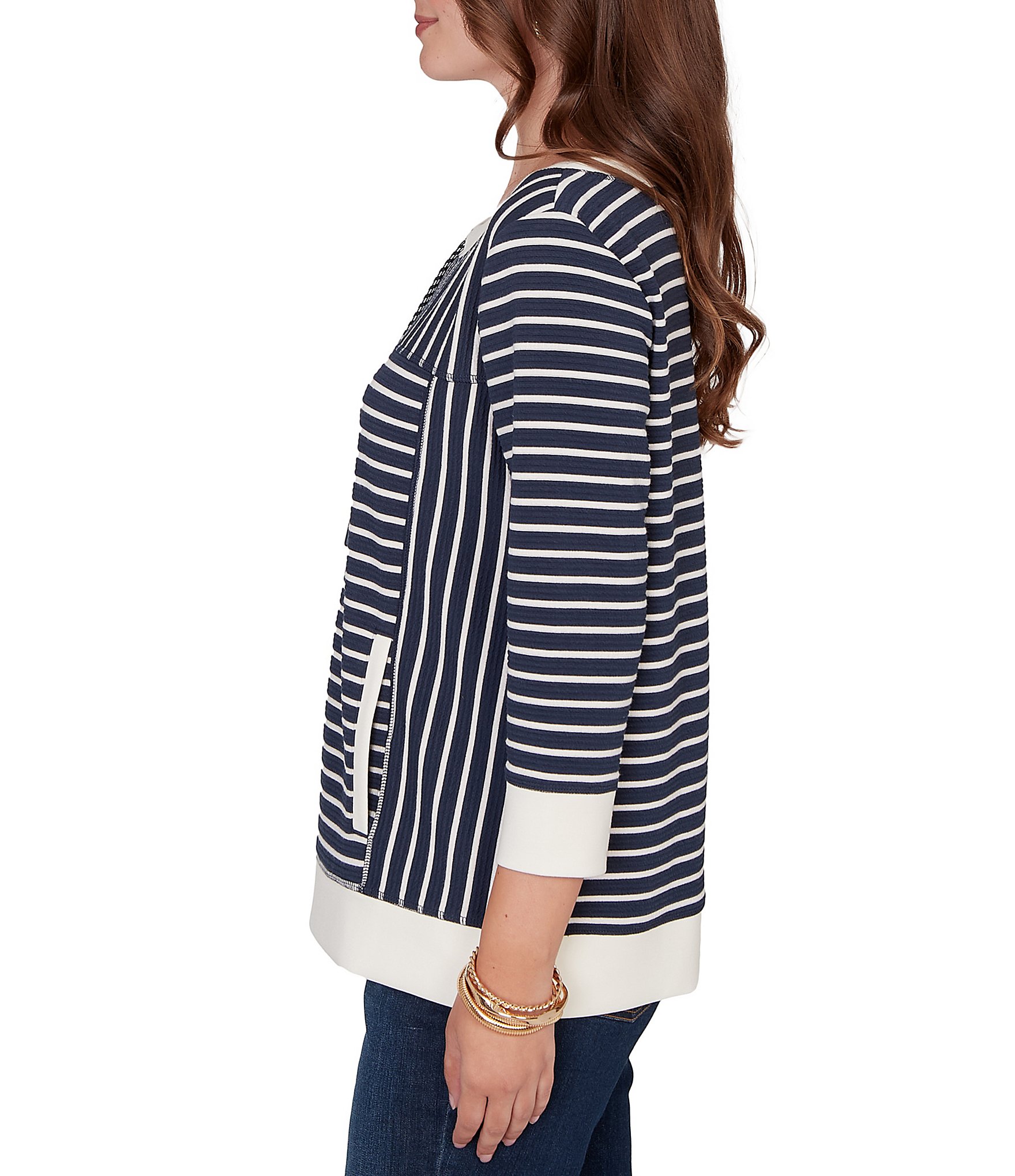 Ruby Rd. Petite Size Yarn-Dyed Stripe Scoop Neck 3/4 Sleeve Top
