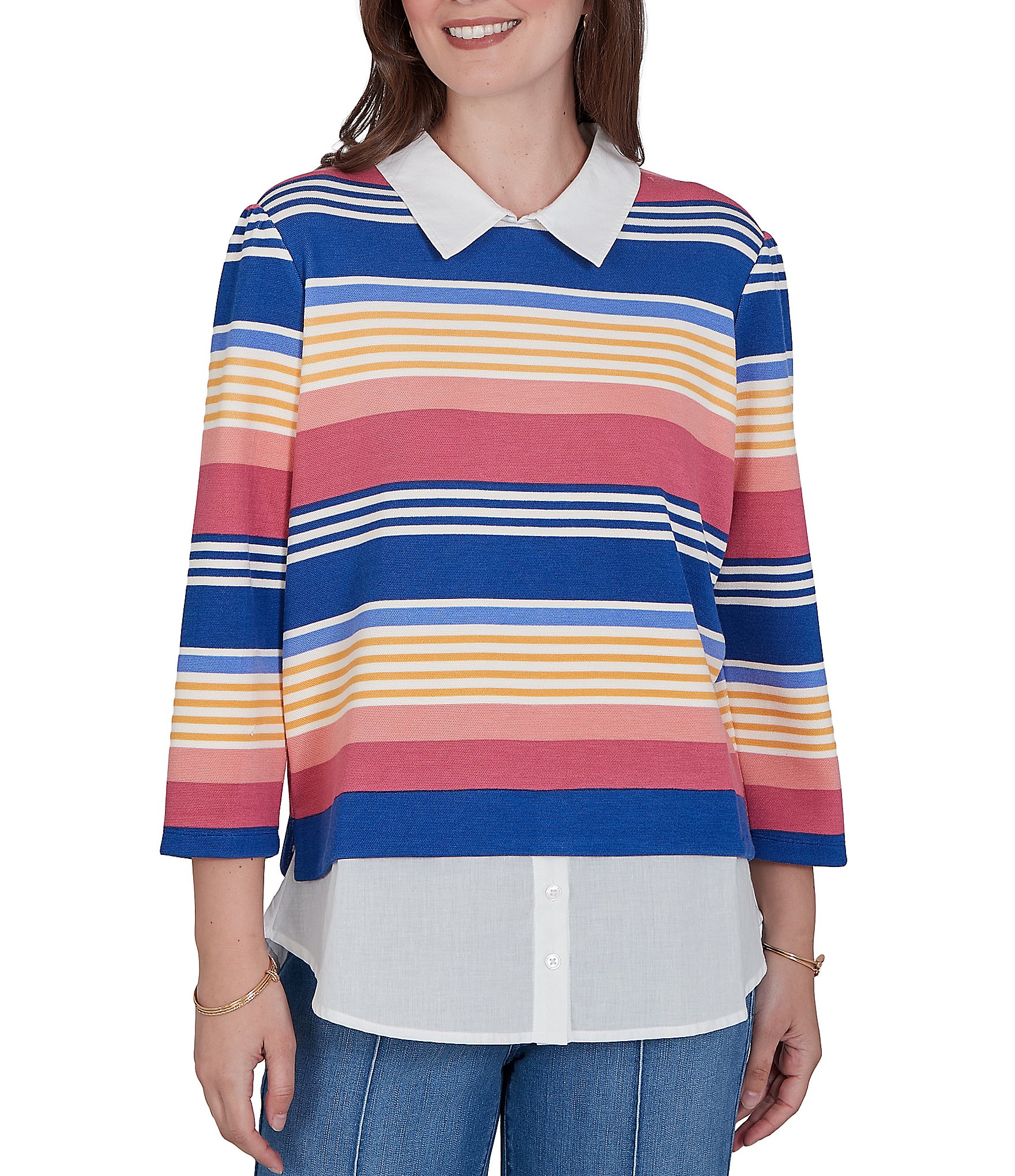 Ruby Rd. Pique Knit Game Stripe Layered Point Collar 3/4 Sleeve Top