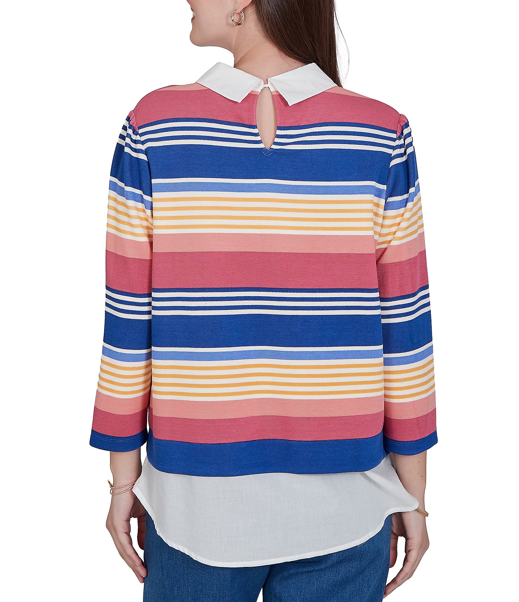 Ruby Rd. Pique Knit Game Stripe Layered Point Collar 3/4 Sleeve Top