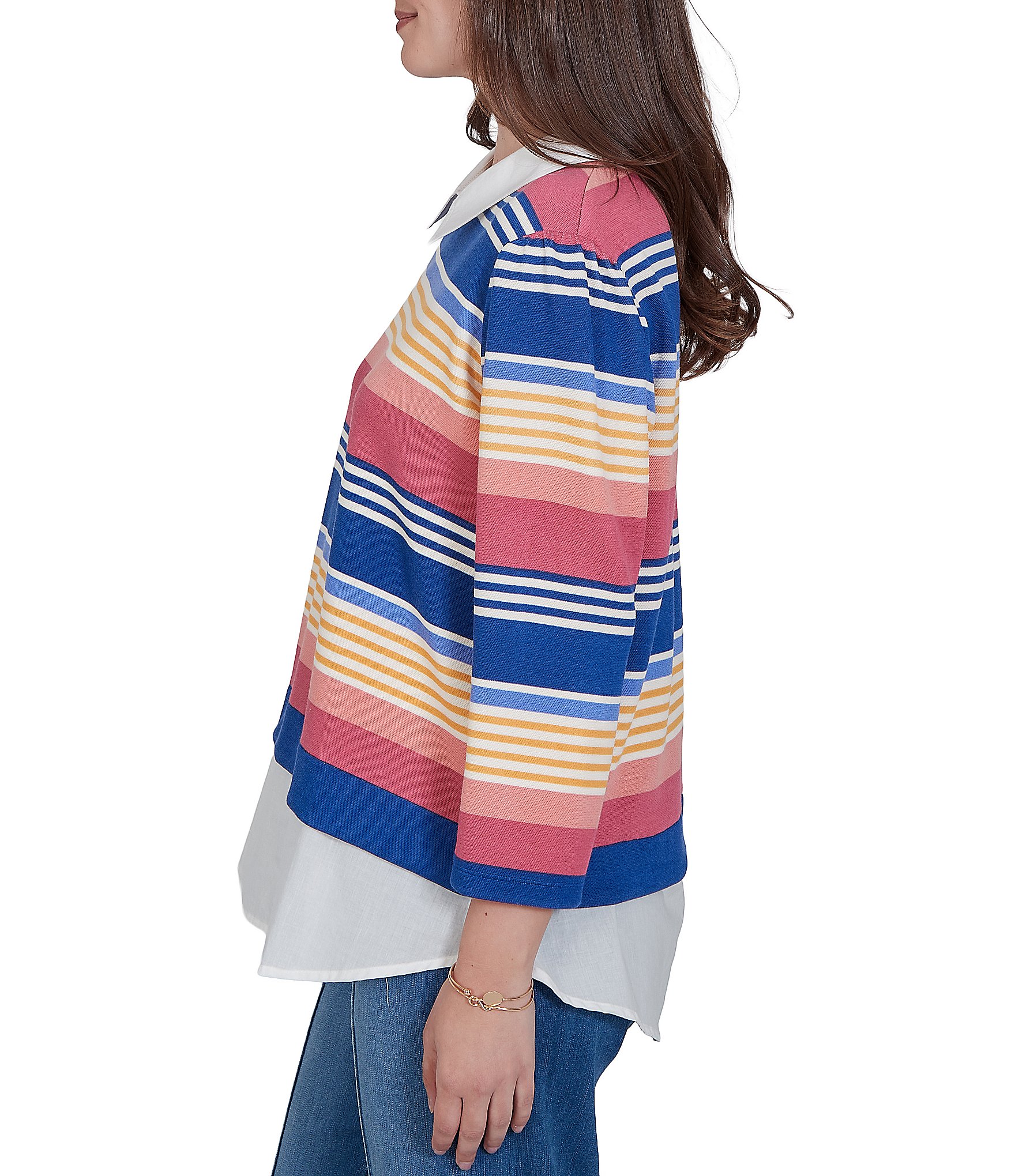 Ruby Rd. Pique Knit Game Stripe Layered Point Collar 3/4 Sleeve Top