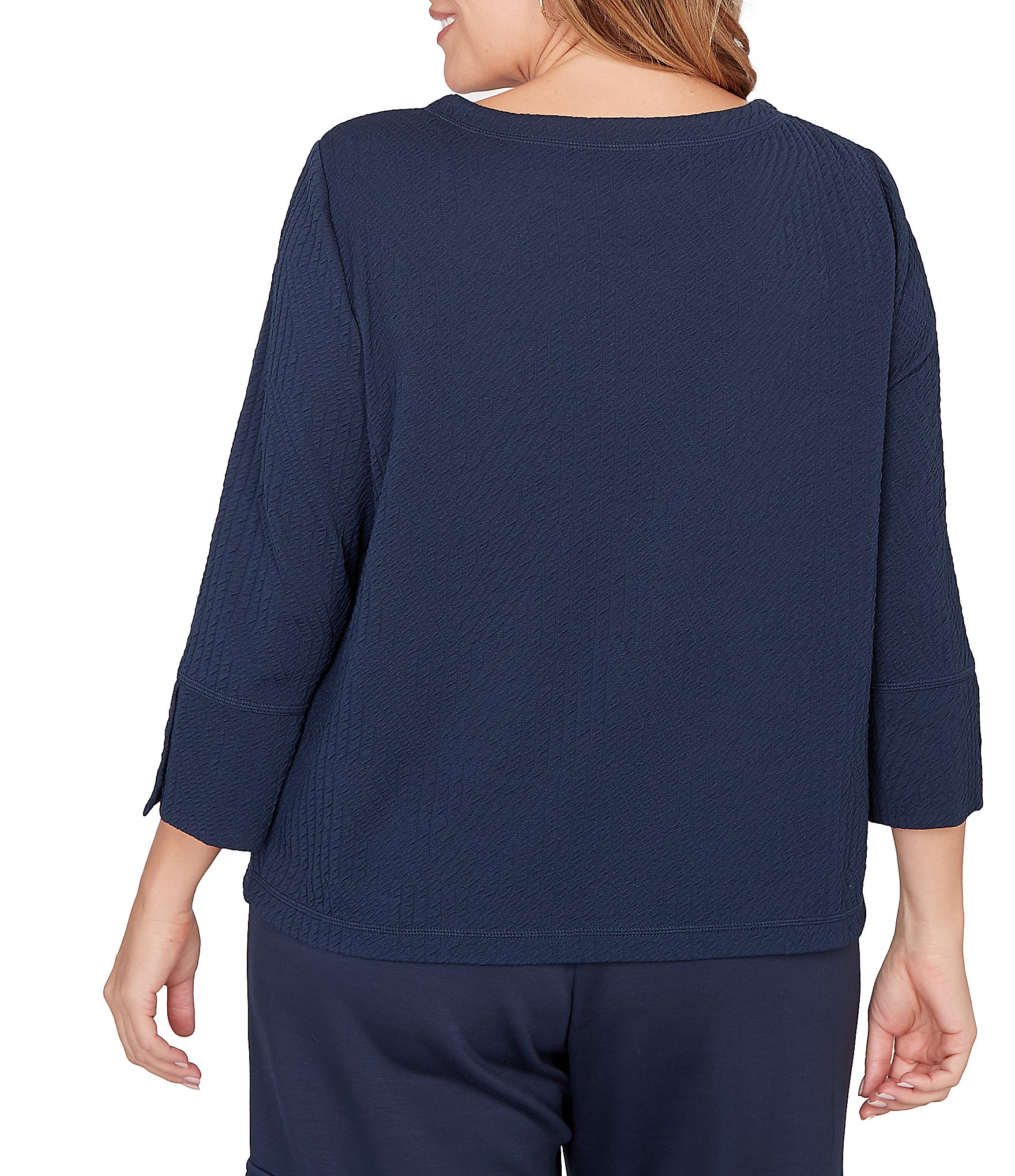 Ruby Rd. Plus Size Abstract Textured Pucker Knit Scoop Neck 3/4 Sleeve Top