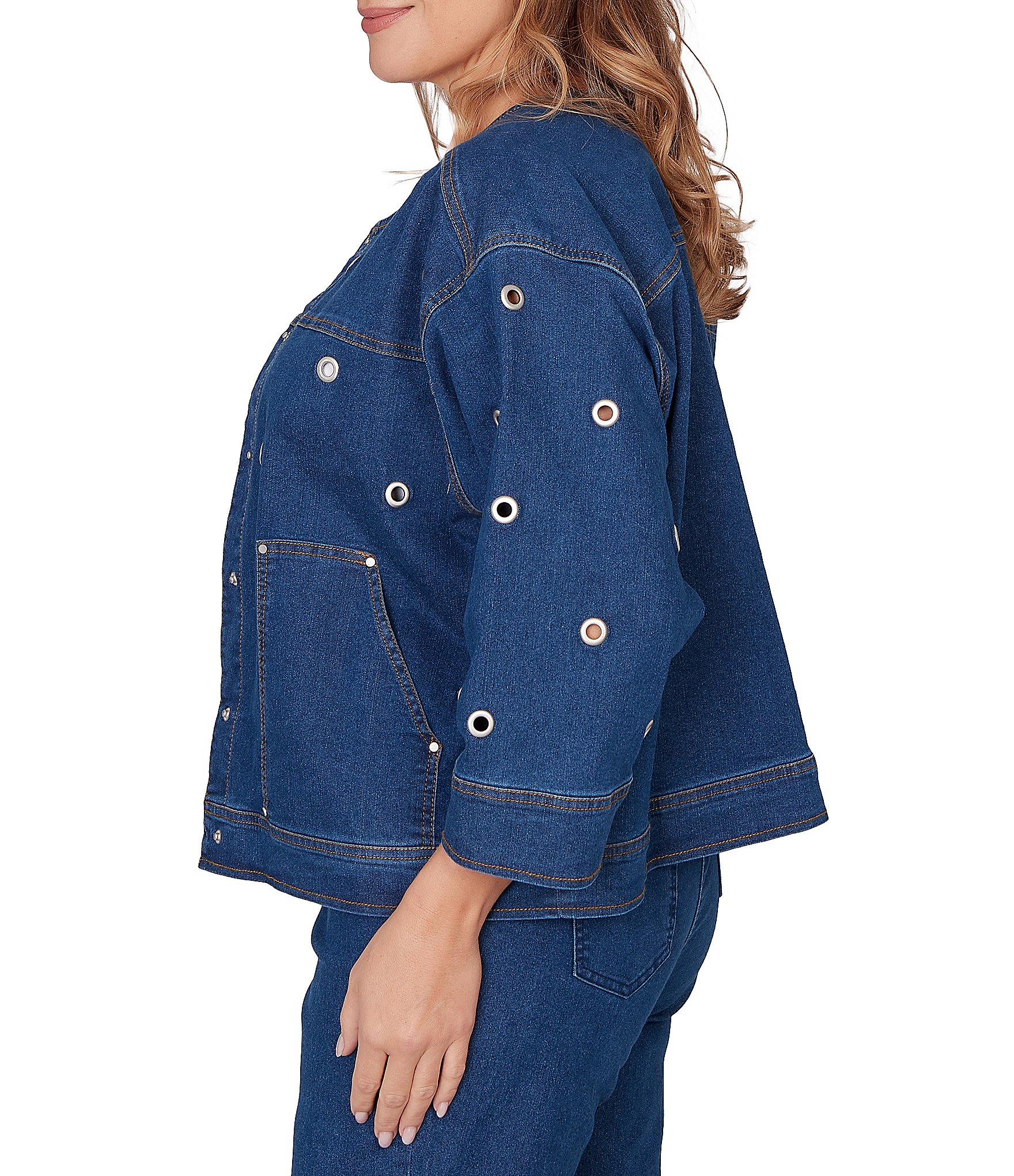 Ruby Rd. Plus Size Allover Grommet Accents 3/4 Sleeve Extra Stretch Denim Jacket