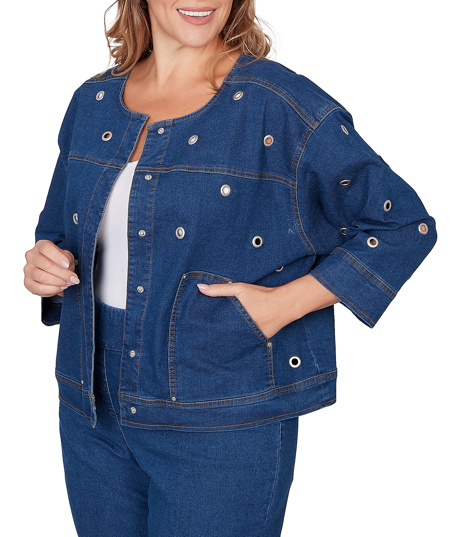 Ruby Rd. Plus Size Allover Grommet Accents 3/4 Sleeve Extra Stretch Denim Jacket