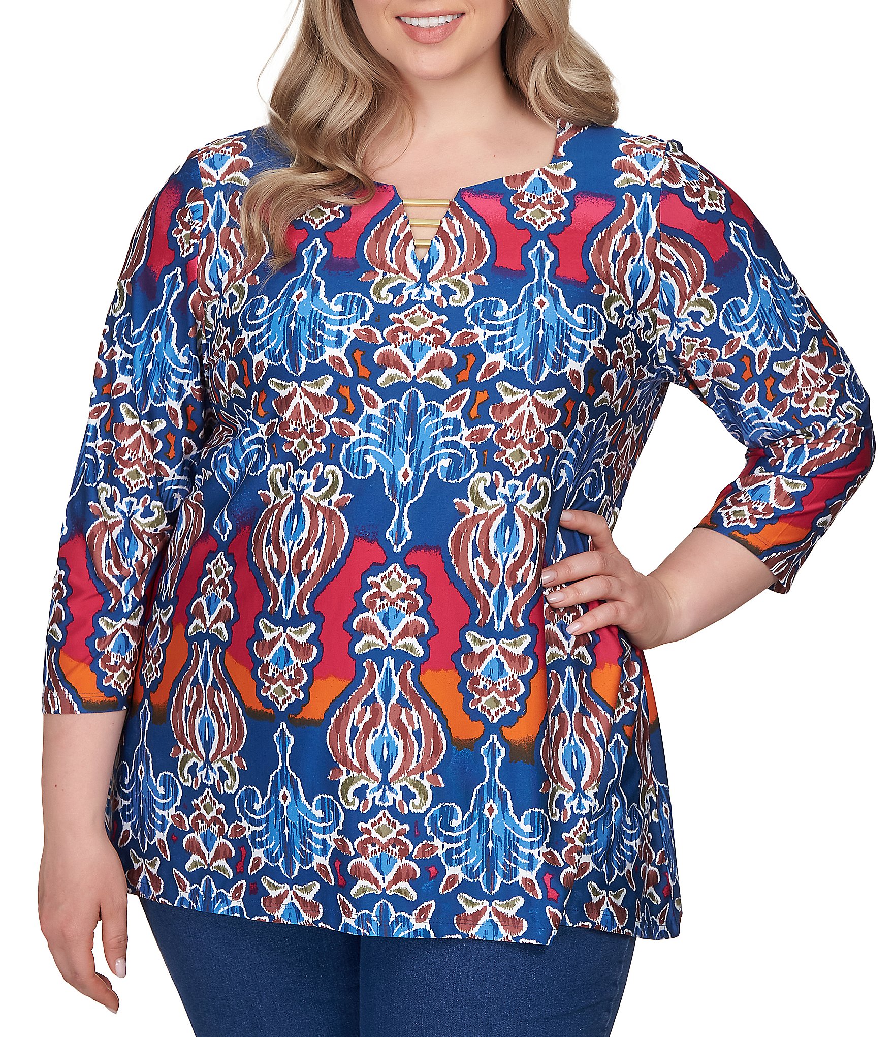 Ruby Rd. Plus Size Floral Print Knit Embellished 3/4 Sleeve Horseshoe Neck  Top