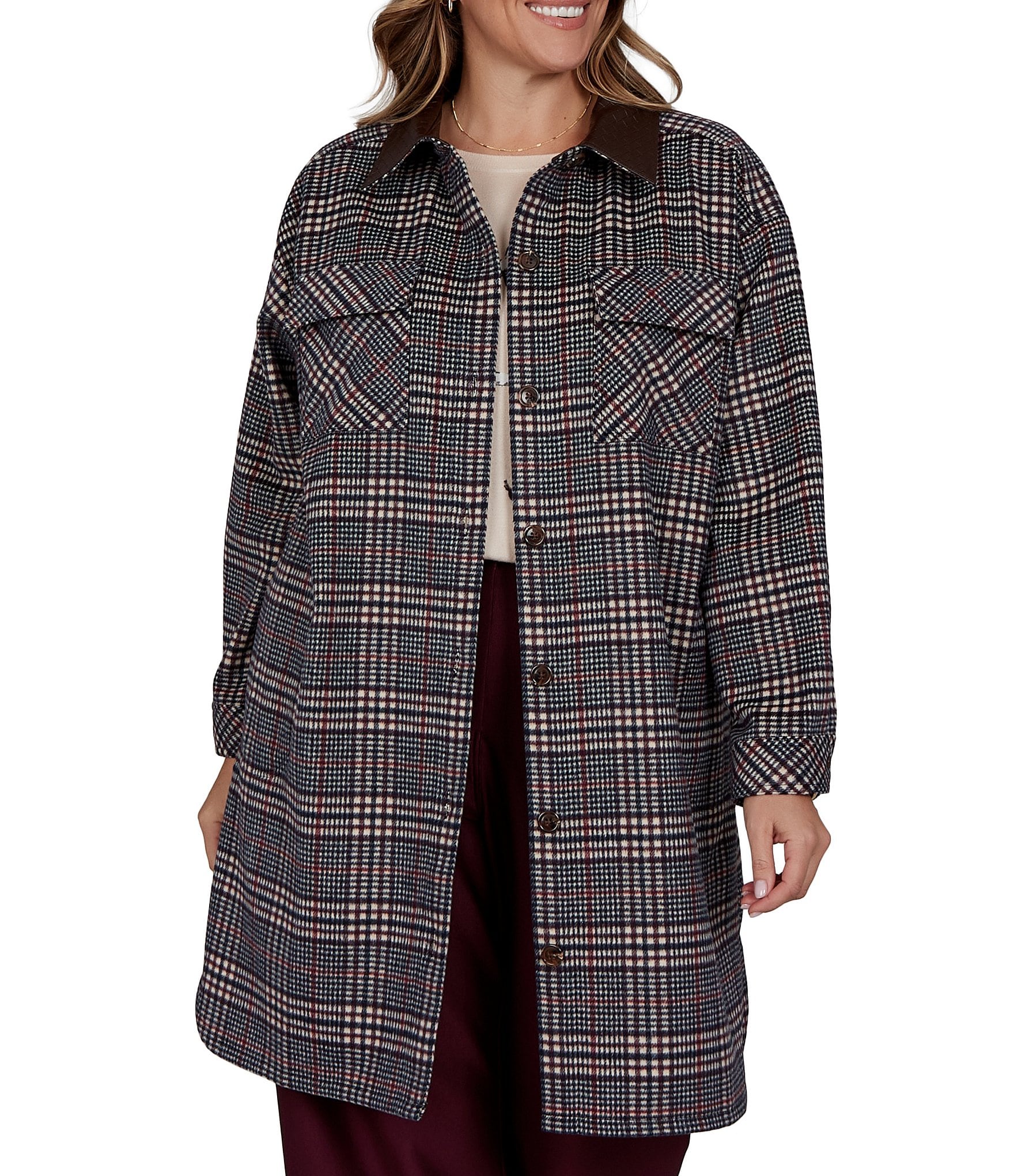 Ruby Rd. Plus Size Basket Weave Brushed Plaid Faux Leather Collar Long Sleeve Button Front Jacket