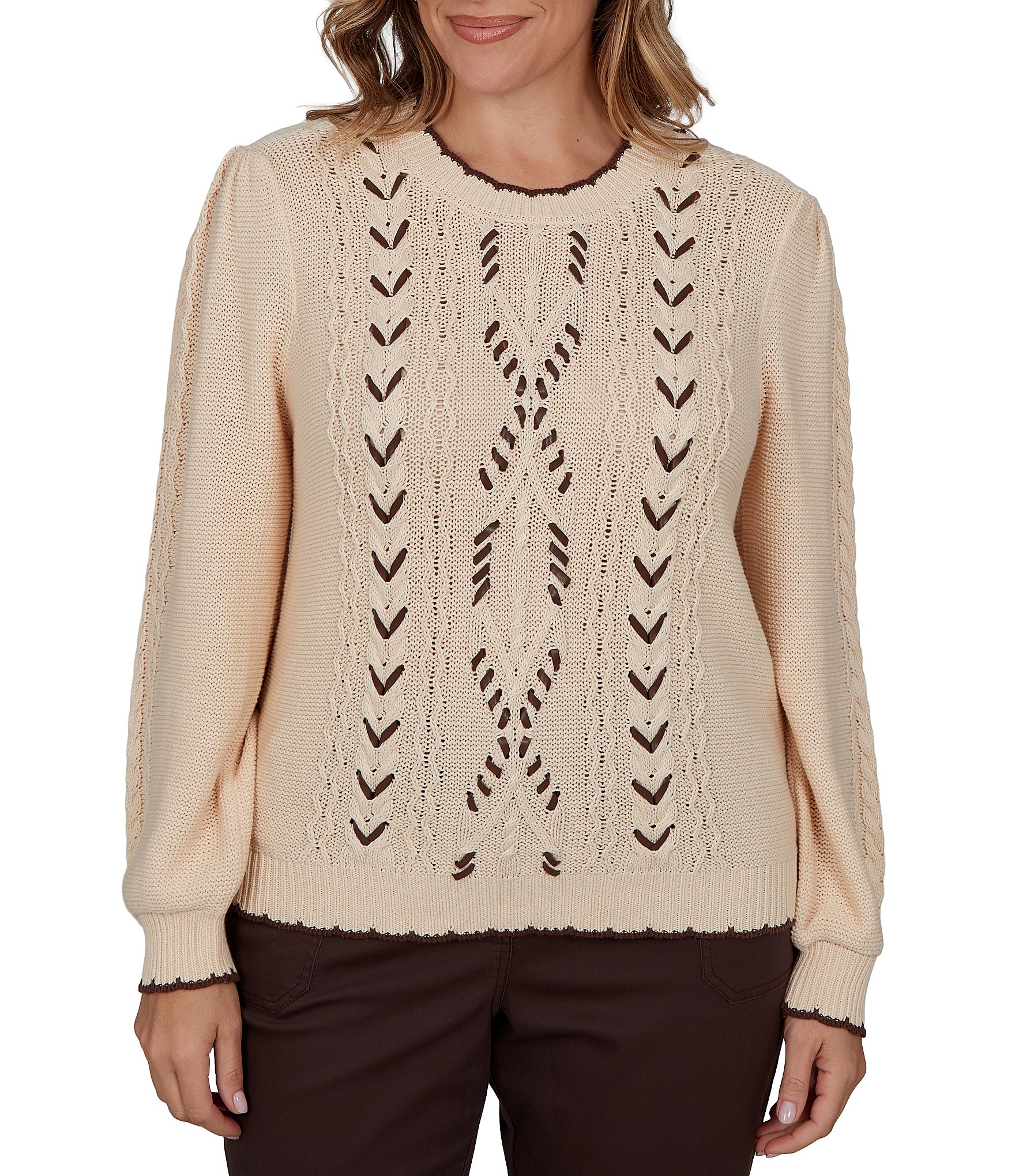 Ruby Rd. Plus Size Cable Knit Faux Leather Trim Scoop Neck Long Sleeve Sweater