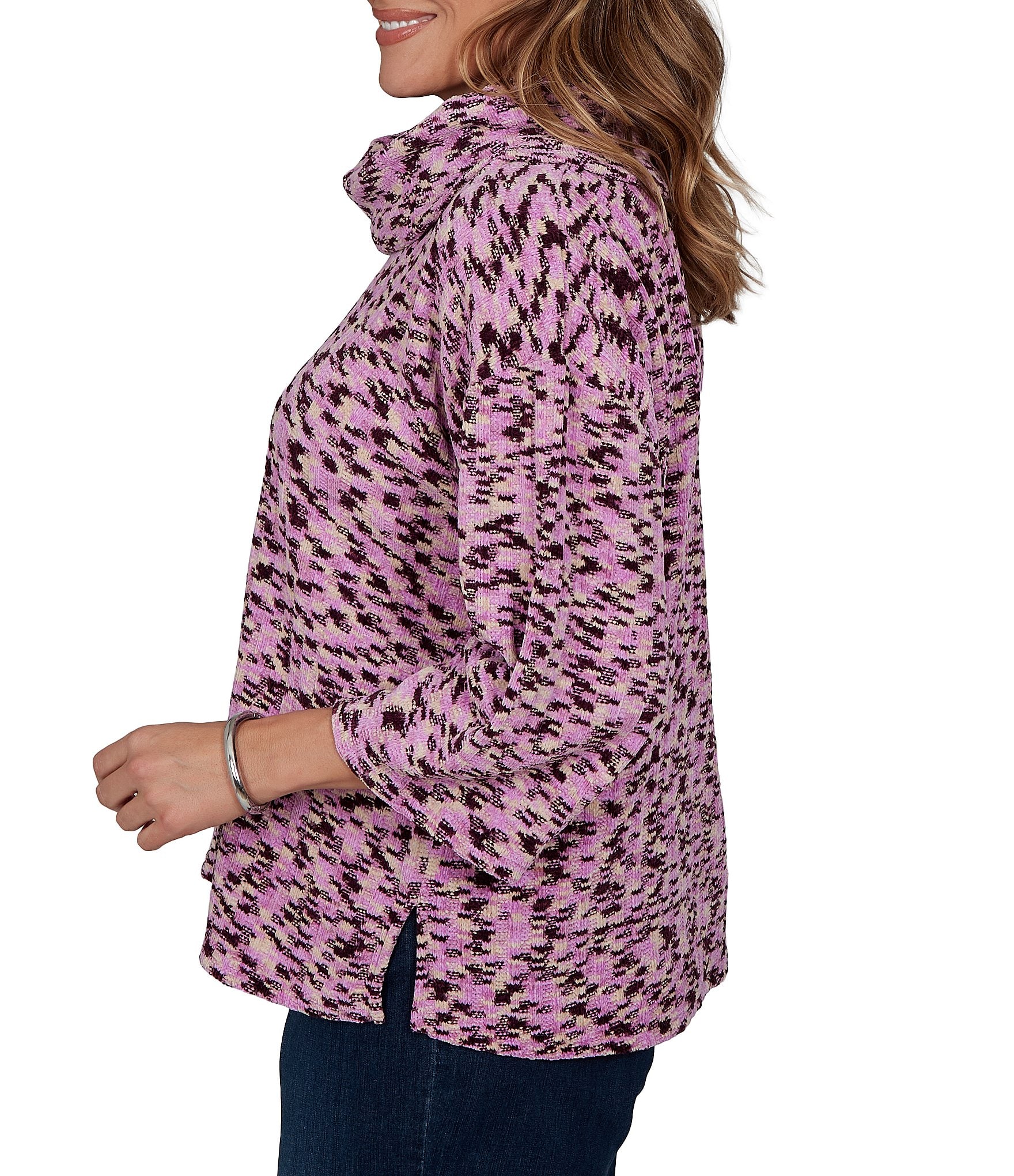 Ruby Rd. Plus Size Chenille Knit Space Dye Draped 3/4 Sleeve Sweater