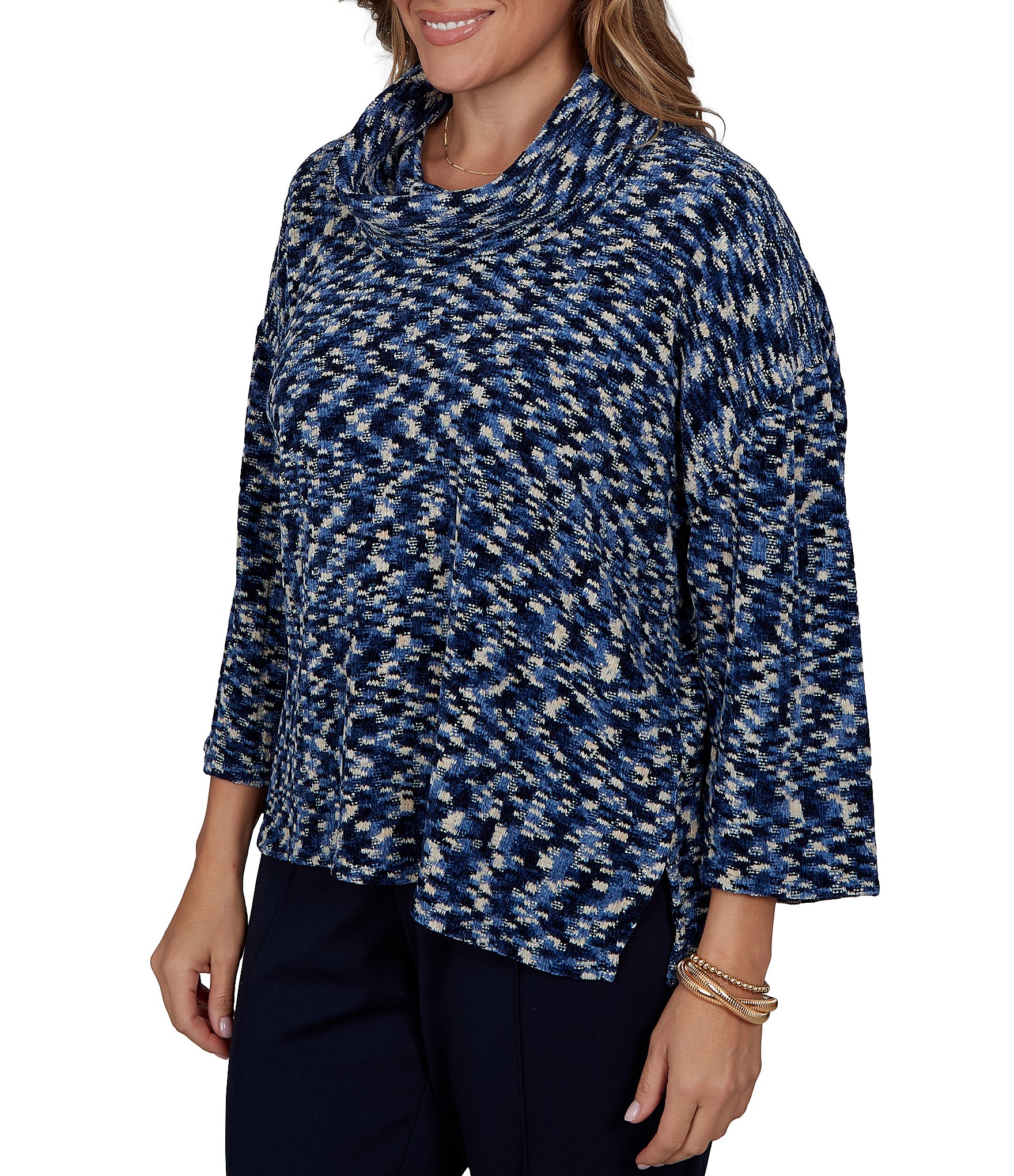 Ruby Rd. Plus Size Chenille Knit Space Dye Draped 3/4 Sleeve Sweater
