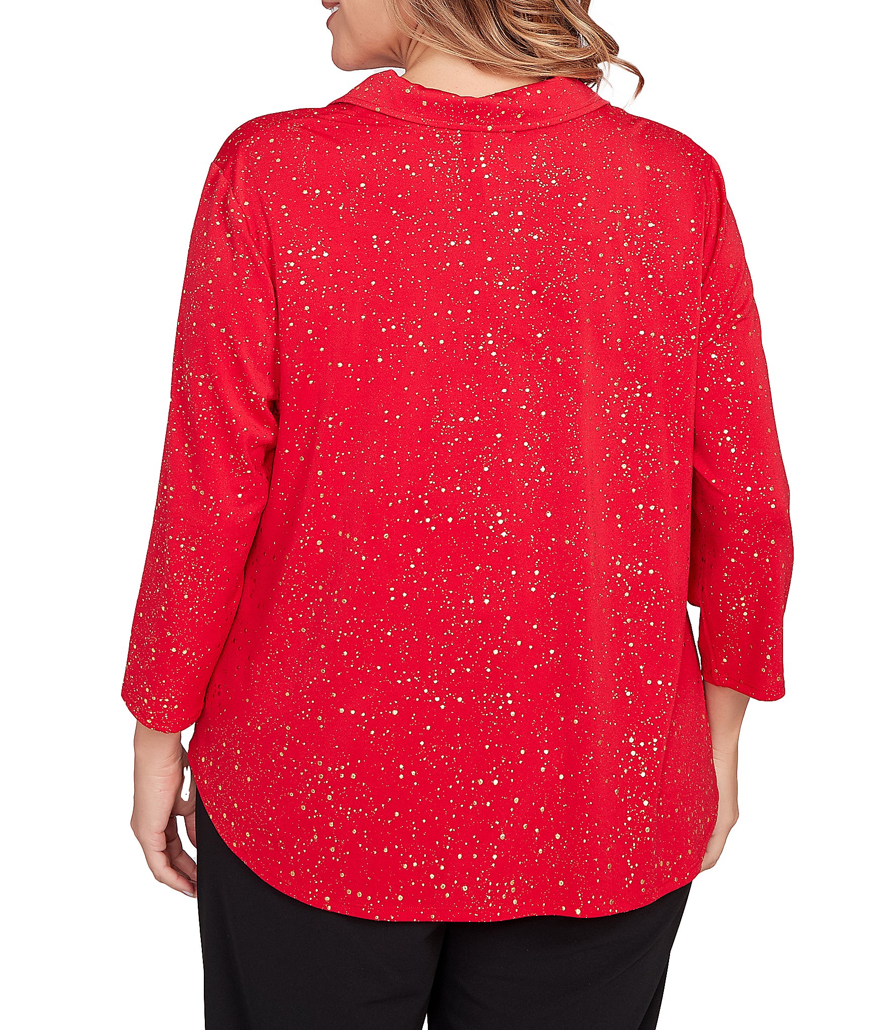 Ruby Rd. Plus Size Collared 3/4 Sleeve Dotted Golden Dew Drops Knit Shirt
