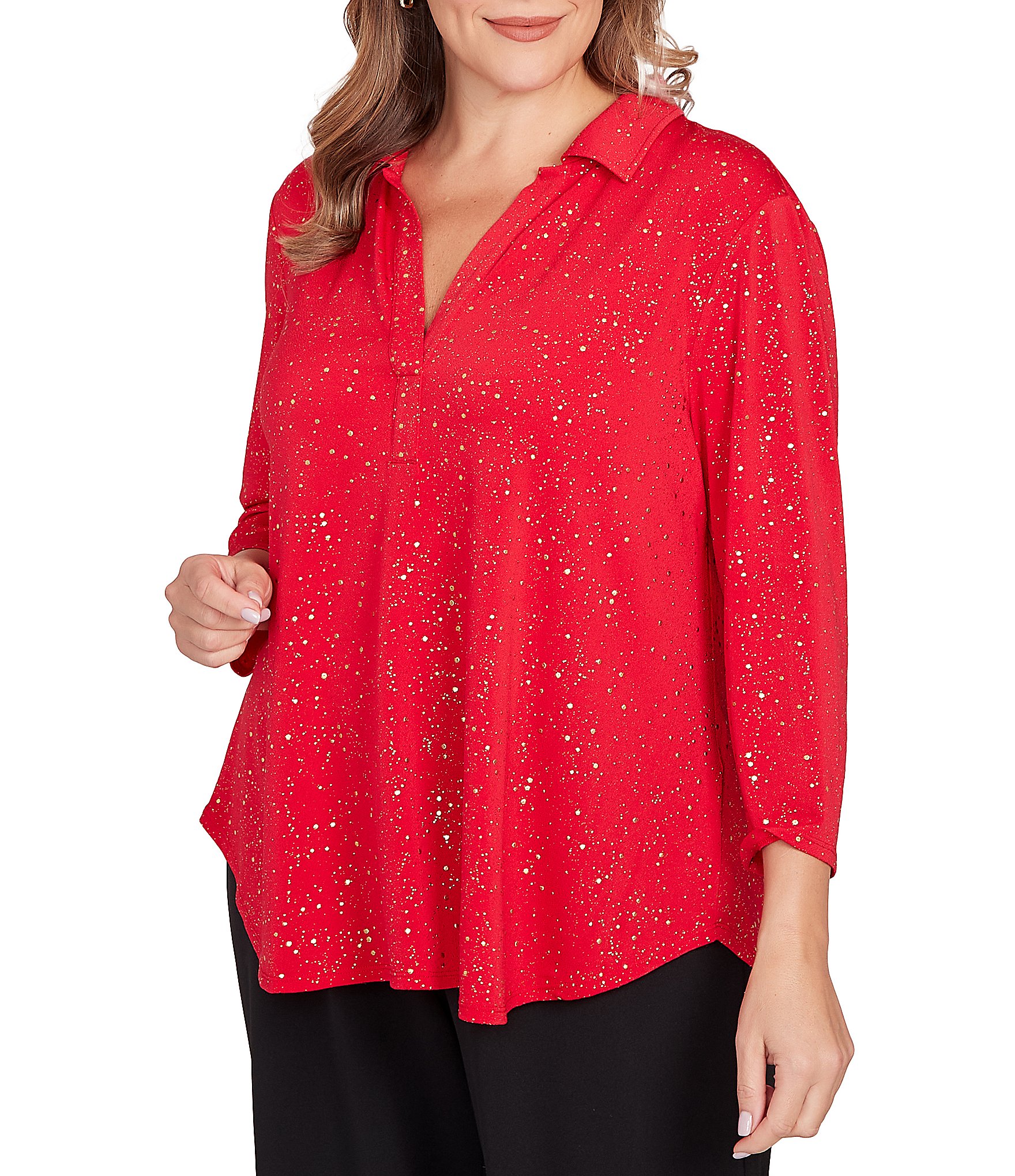 Ruby Rd. Plus Size Collared 3/4 Sleeve Dotted Golden Dew Drops Knit Shirt