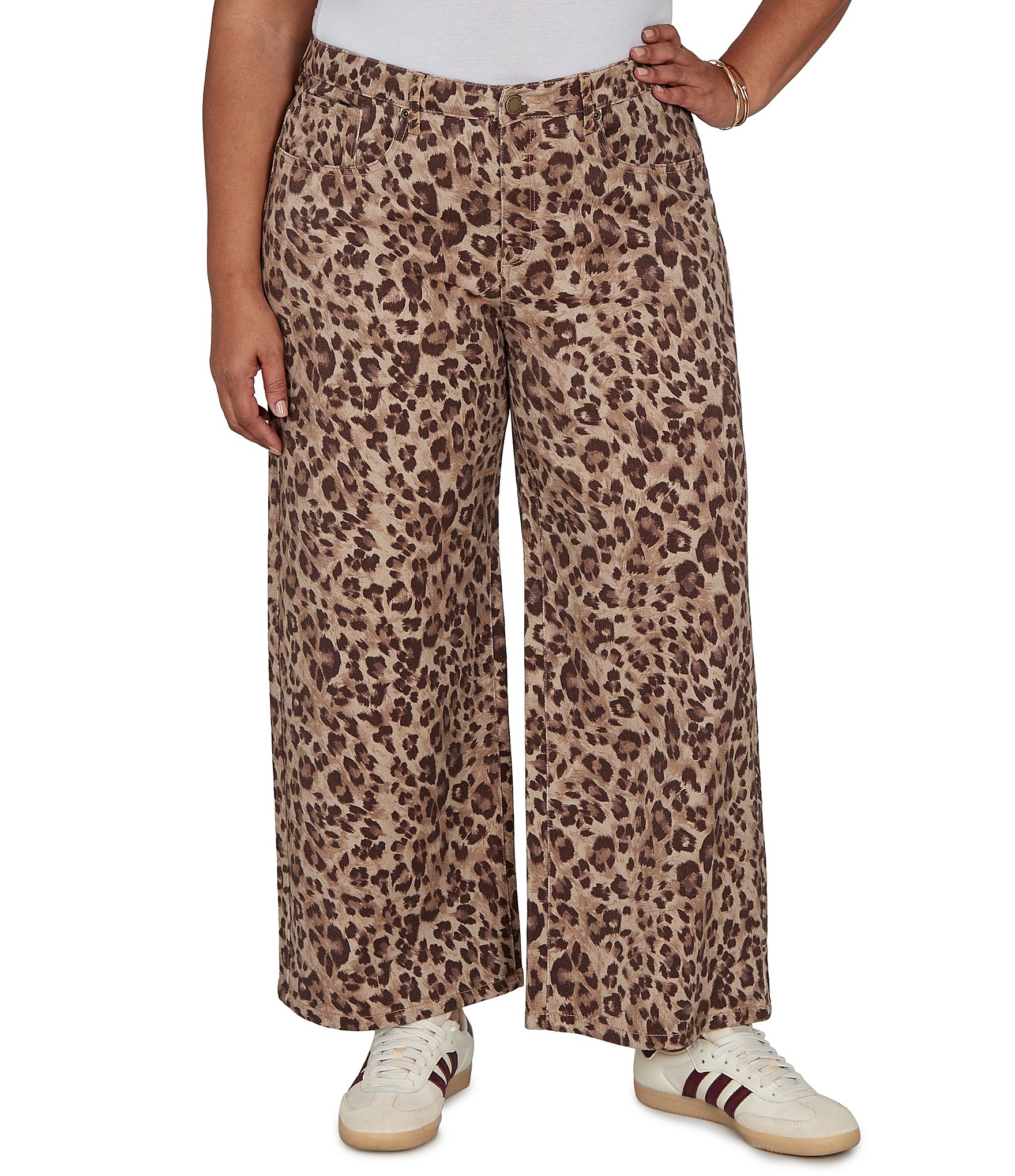 Ruby Rd. Plus Size Coordinating Stretch Denim Cheetah Print Wide Leg Pants