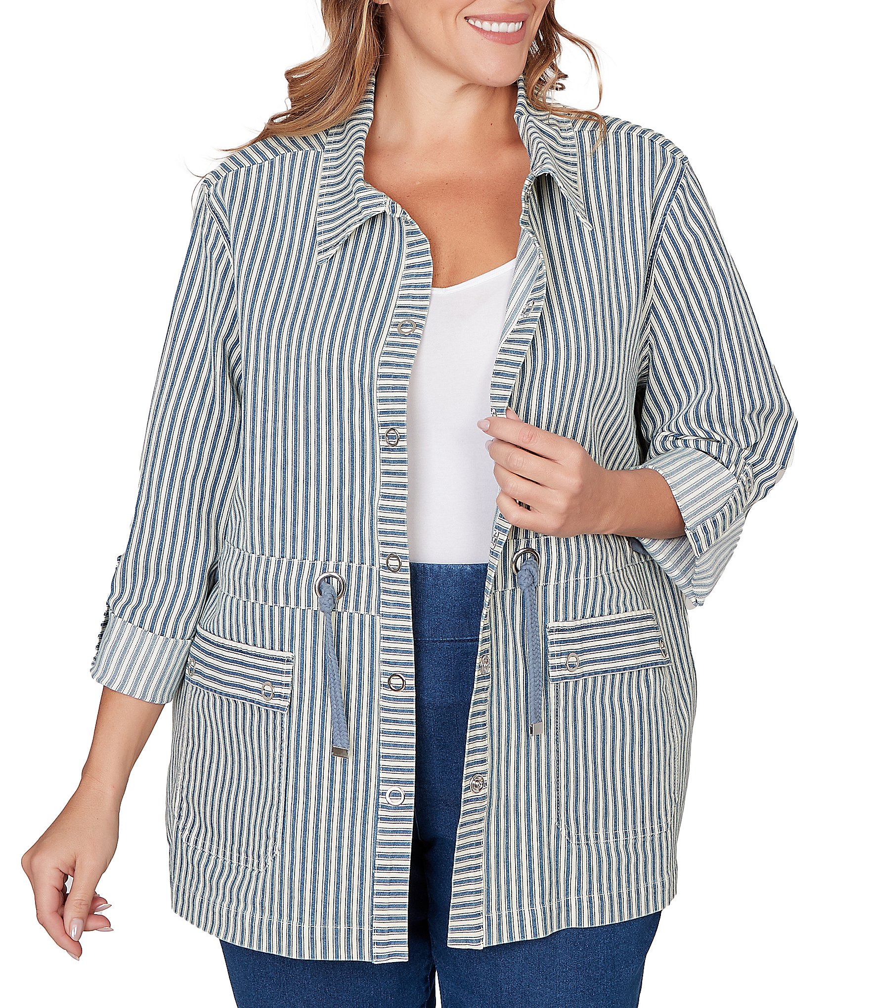 Ruby Rd. Plus Size Cotton-Blend Stripe Point Collar Long-Roll Tab Sleeve Anorak Jacket