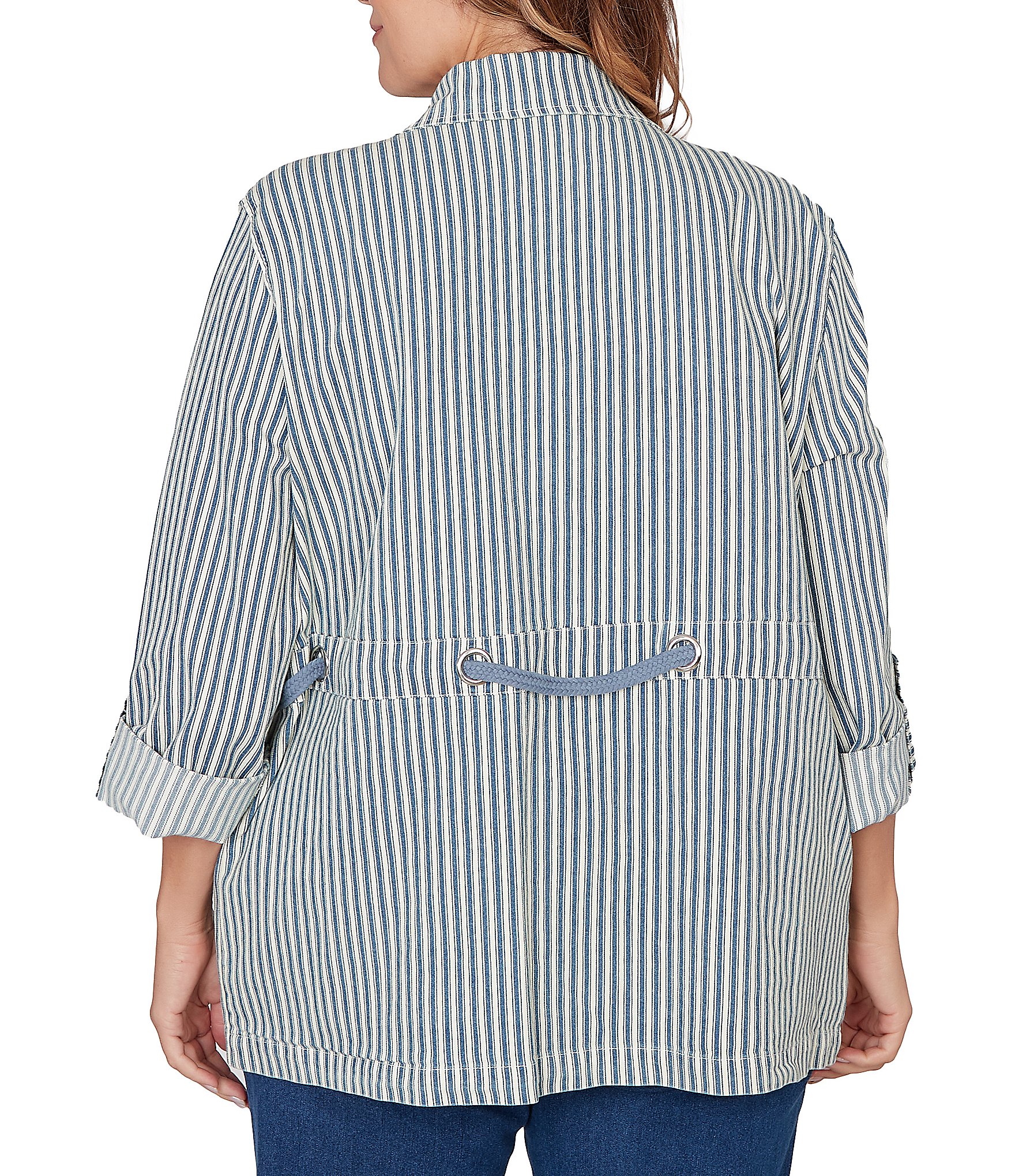 Ruby Rd. Plus Size Cotton-Blend Stripe Point Collar Long-Roll Tab Sleeve Anorak Jacket